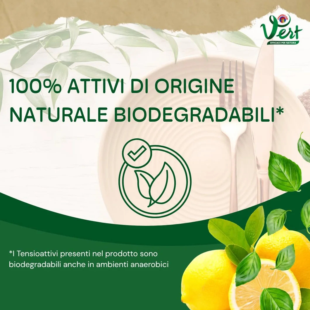 Ecodetergente Piatti Fragranza Limone Basilico 100% Origine Naturale Extra Sgrassante Ipoallergenico 8 x 1000ml