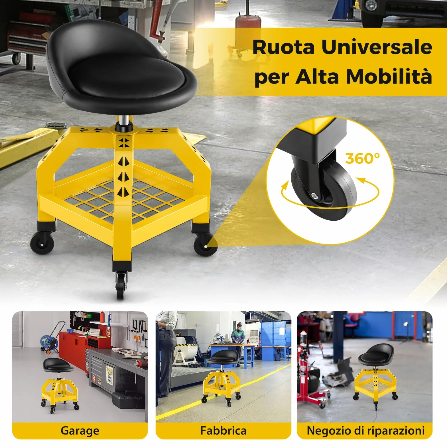 COSTWAY Sgabello da Officina, Sgabello Meccanico Rotante con Vassoio Porta Attrezzi, Regolabile in Altezza e 4 Ruote Universali, Capacità di 150 kg, per Garage, Officina (Giallo)