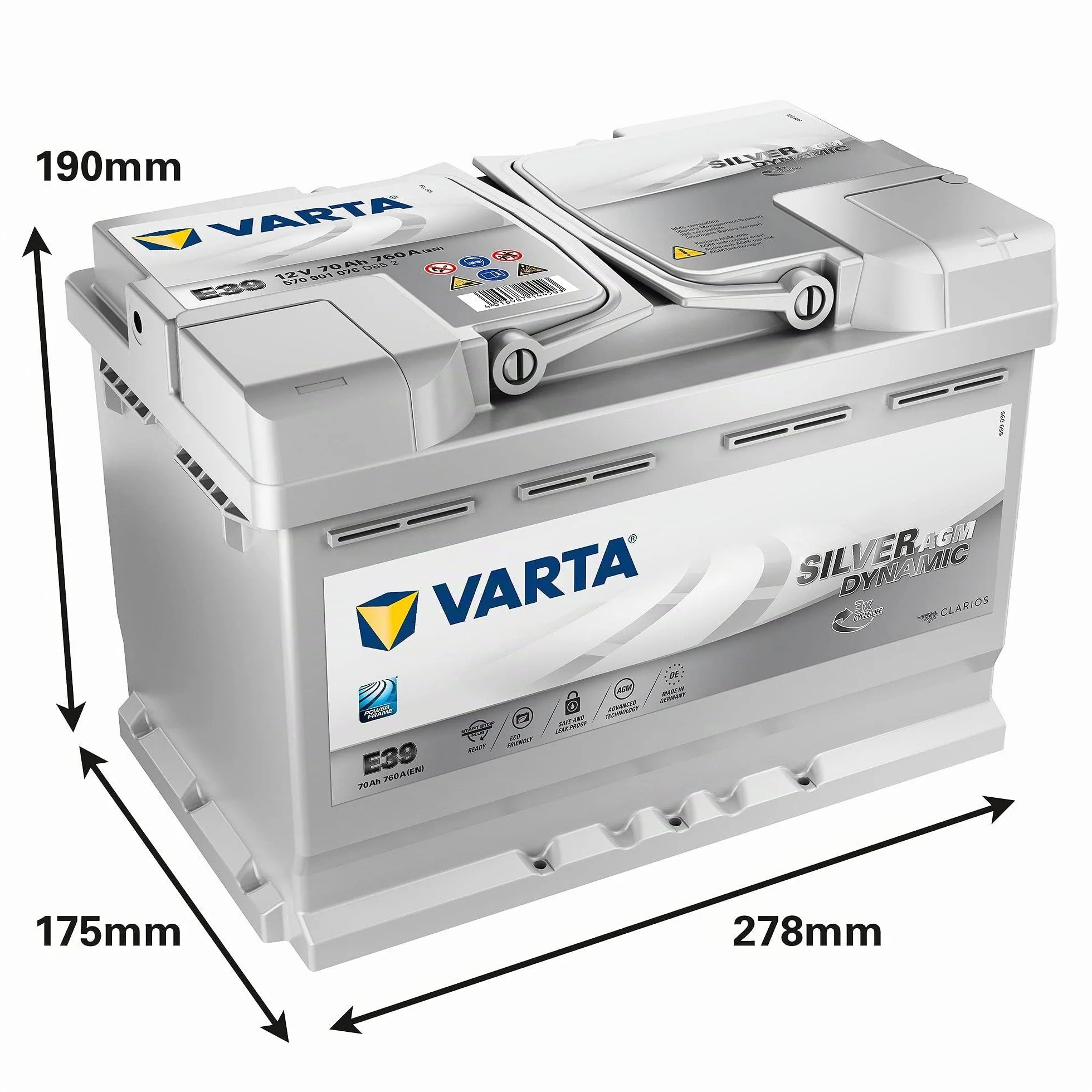 Varta Silver Dynamic Agm Batteria Auto 70 Ah 12V 27.8 x 17.5 x 19 Cm