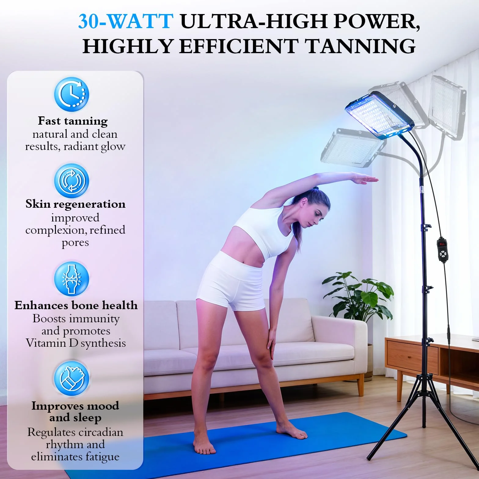 Lampada Abbronzante 460nm 50W Solarium Casa 5 Livelli Luminosità 4 Timer Supporto Pieghevole Regolabile Gancio Sospeso Corpo Viso Continua Pulsata