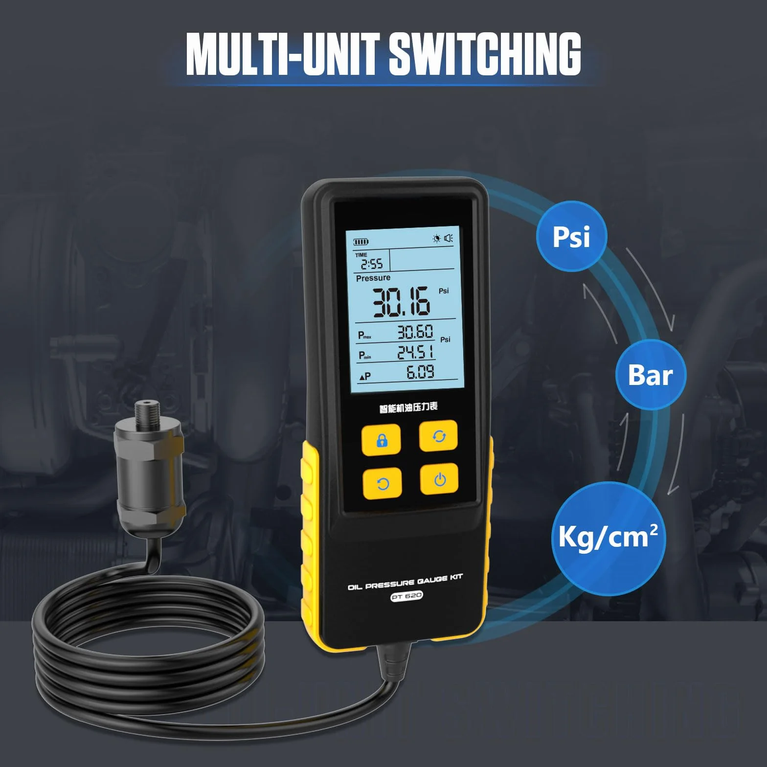 PT620 Strumento del tester di pressione dell'olio, 0-426 PSI 0~29bar Strumenti diagnostici della prova di pressione dell'olio del motore di Digital con il tubo di prova & 17 connettori