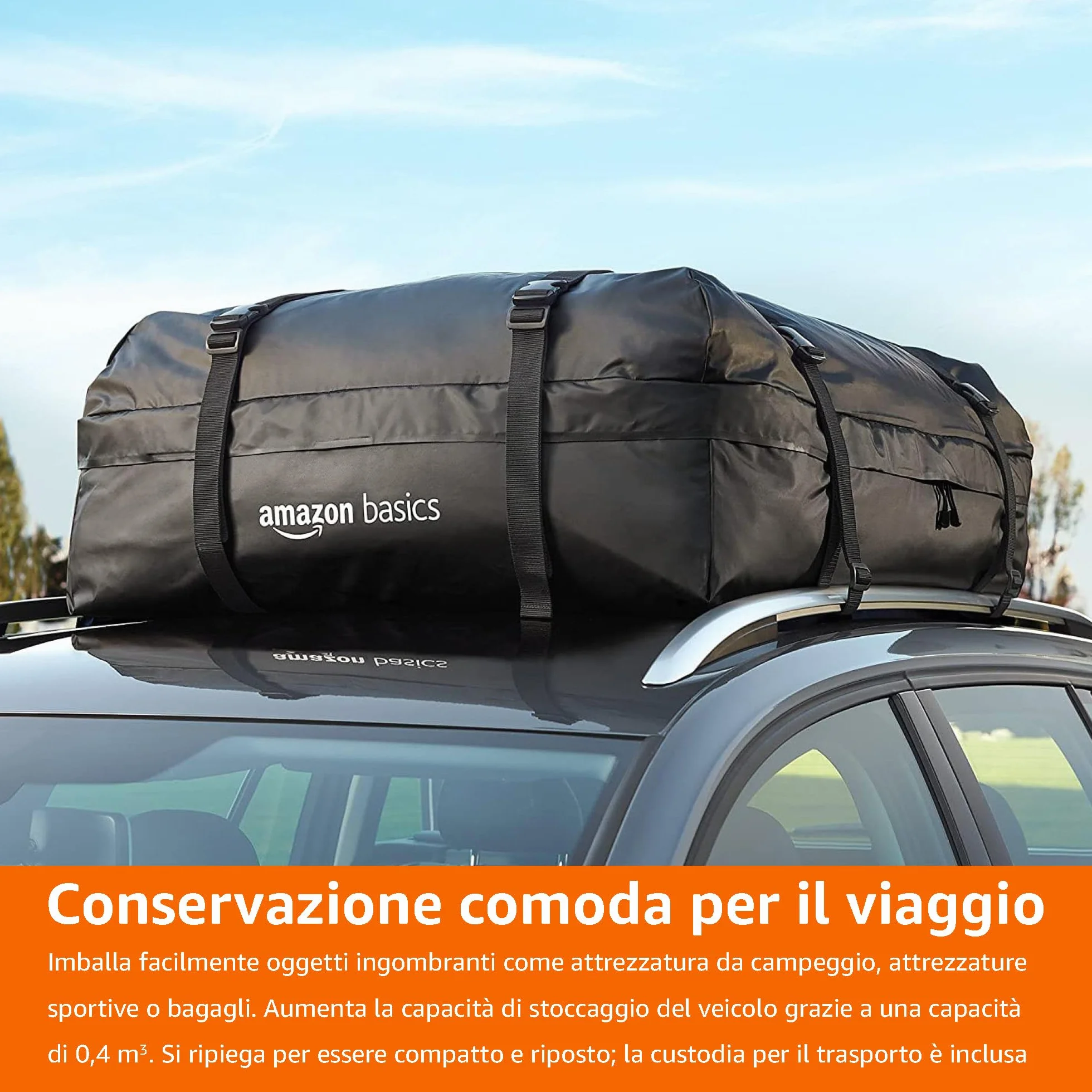 Amazon Basics Borsa da Tetto Auto 425L Impermeabile Pieghevole con Cinghie Rinforzate