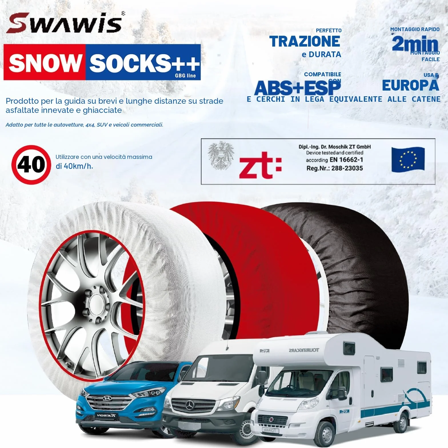 SWAWIS Catze da Neve Omologate EN 16662-1 Catene da Neve in Tessuto Taglia XL per R14 - R22 Auto Universali, 1 Coppia Rosso