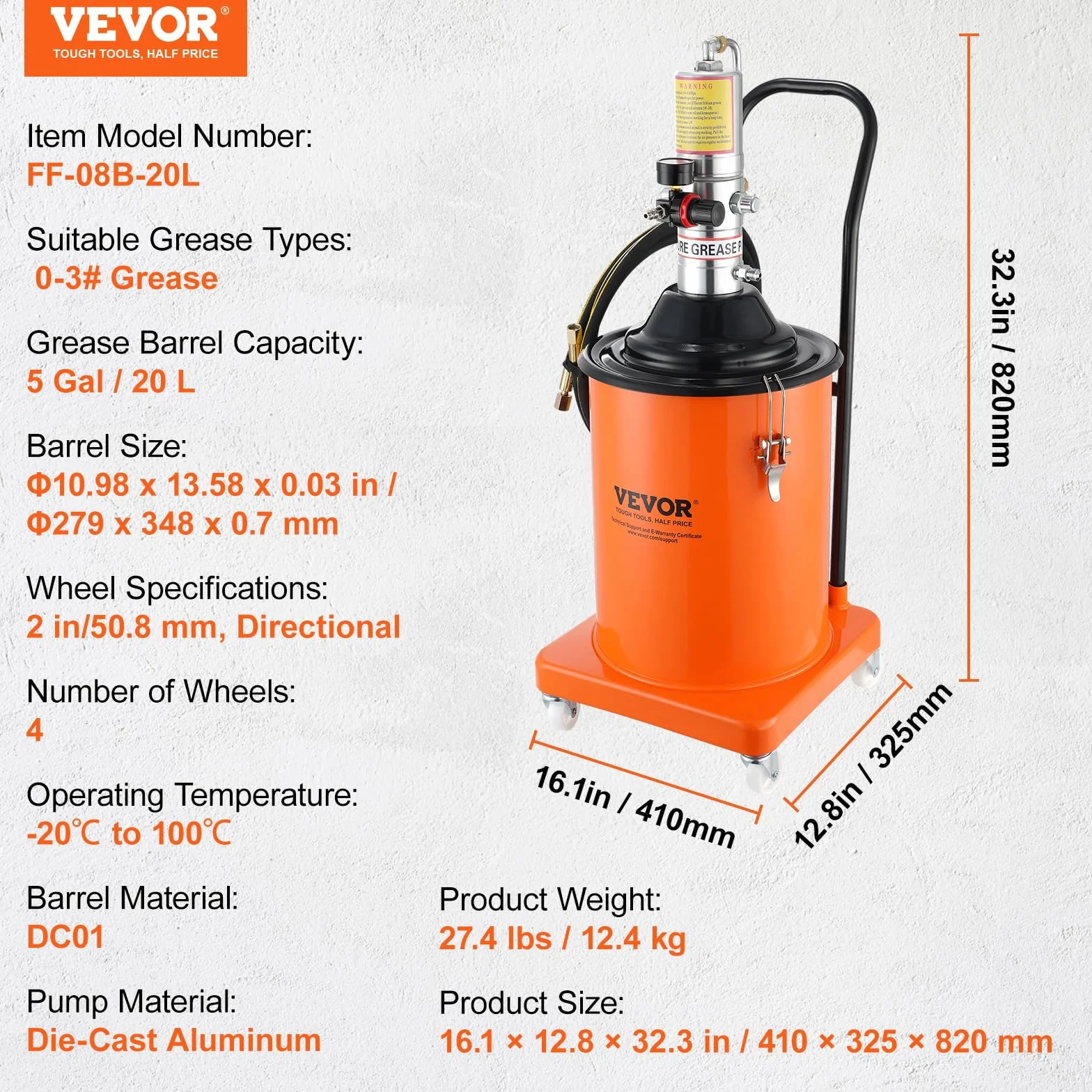 VEVOR Pompa per Grasso Pneumatica Rapporto di Pressione 50:1 Pompa per Secchio Grasso Pneumatica 20 Litri Pistola per Grasso Pompa Grasso Portatile Ruote Tubo da 4m Ugello a 360° Raccordo NPT Standard