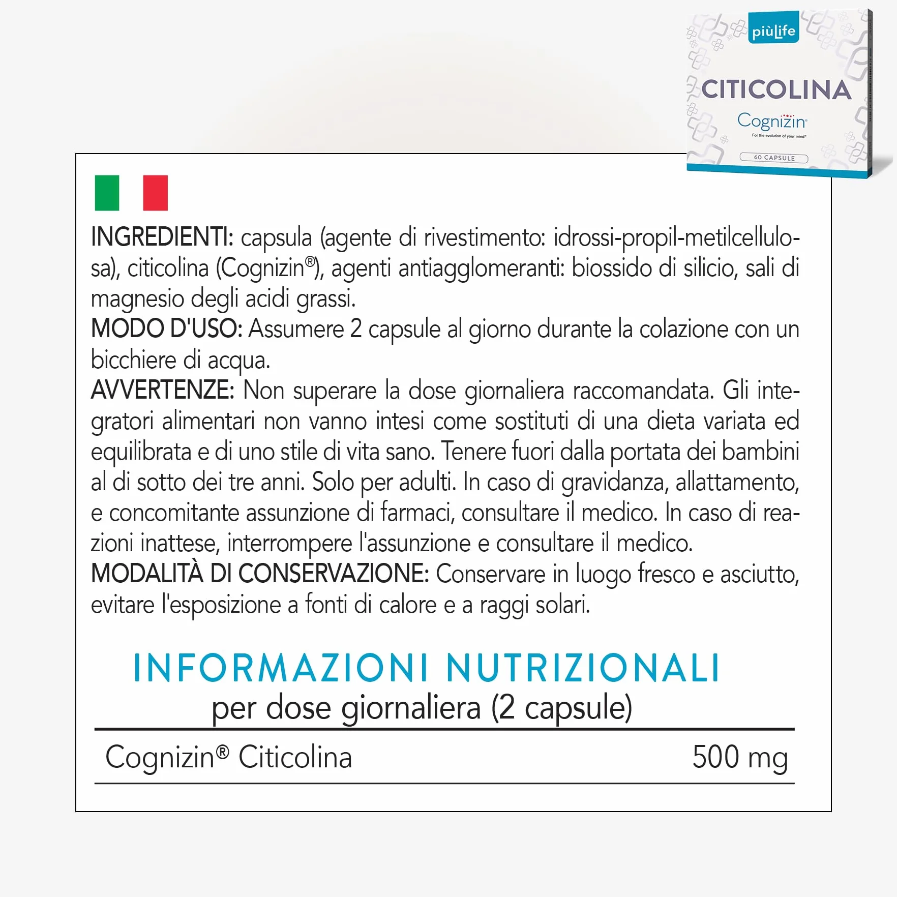 PiùLife Citicolina Cognizin 500 mg Integratore Memoria Concentrazione CDP Colina 2 Capsule