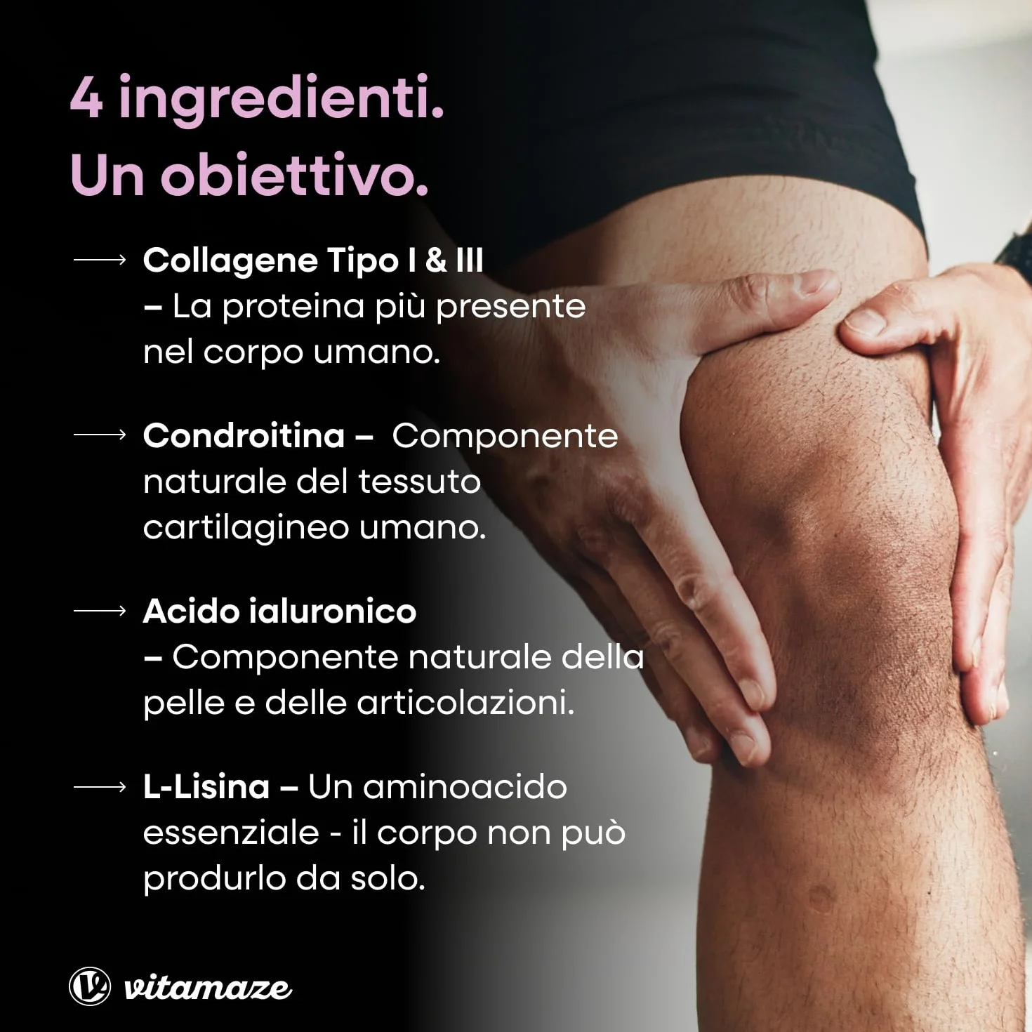 Vitamaze® Collagene con Acido Ialuronico + Condroitina + Lisina, 60 Capsule, Integratore per Pelle, Ossa e Articolazioni