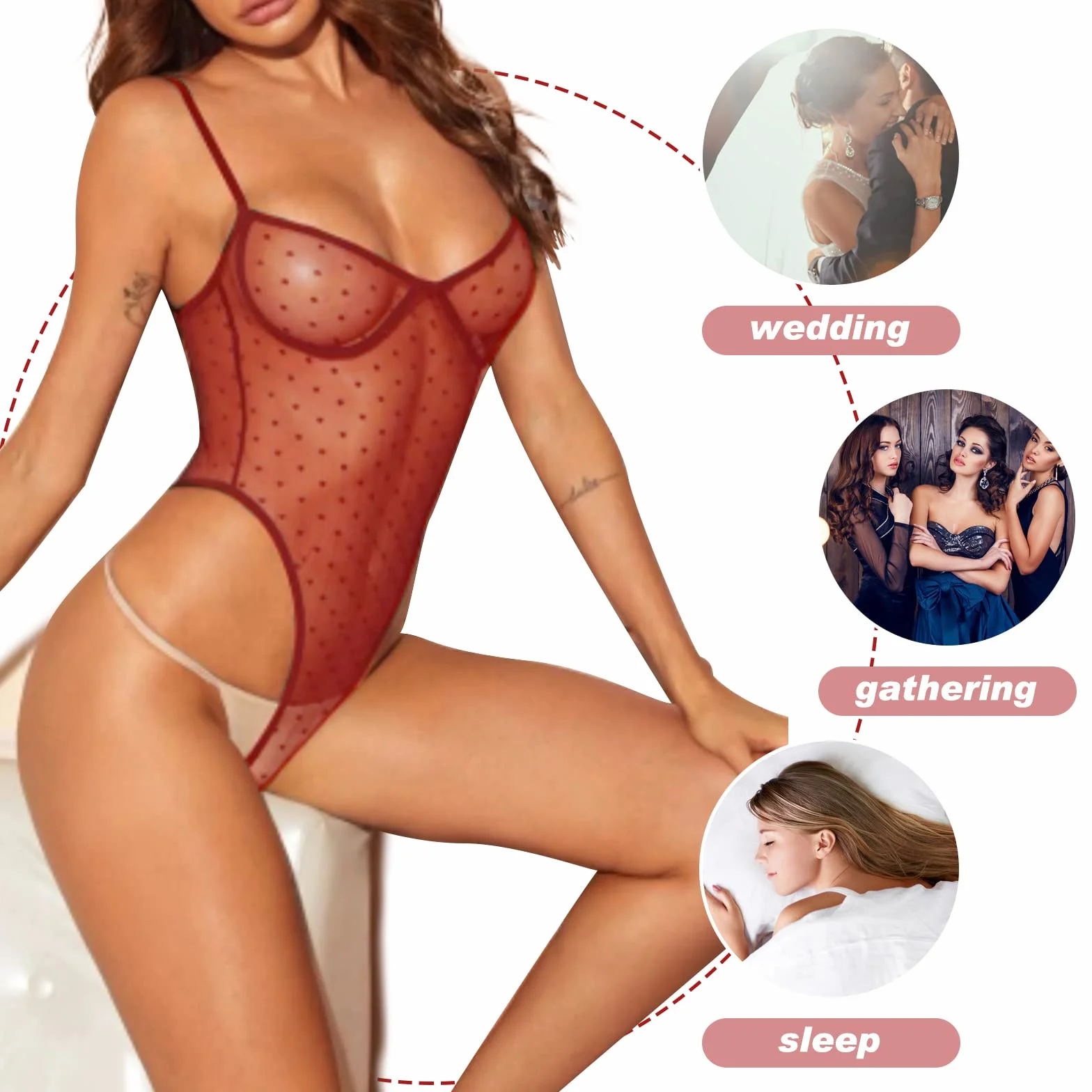 Intimo Donna Sexy Lingerie Rete Body Babydoll Trasparente Camicia da Notte in Pizzo Elasticizzato Negligees Scollo a V Profondo Chemise Senza Maniche con Pois per Natale Halloween Party (Rosso)