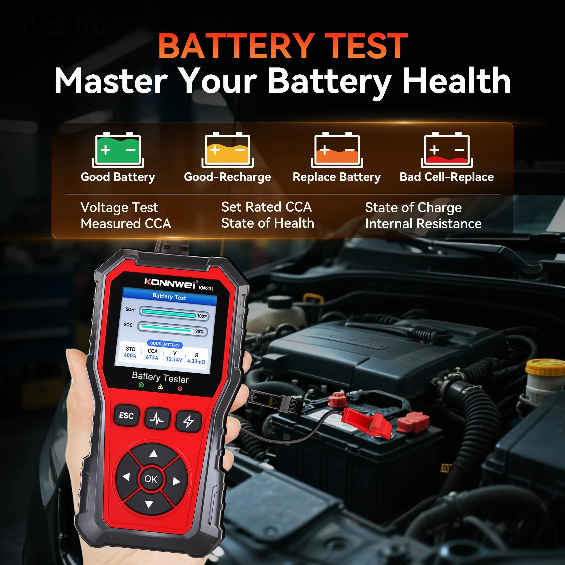 KONNWEI KW331 Tester per Batterie Auto 100-2000 CCA con Stampa Cloud 6V 12V 24V AGM Litio Gel Analizzatore Digitale Alternatore Automobilistico Sistema di Avviamento e Carica