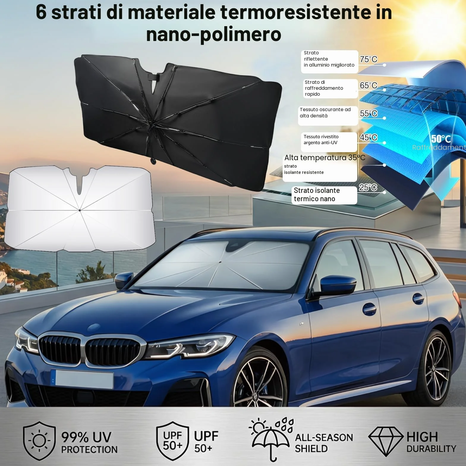 Parasole Auto Ad Ombrello per Parabrezza Interno Pieghevole Protezione UV Universale