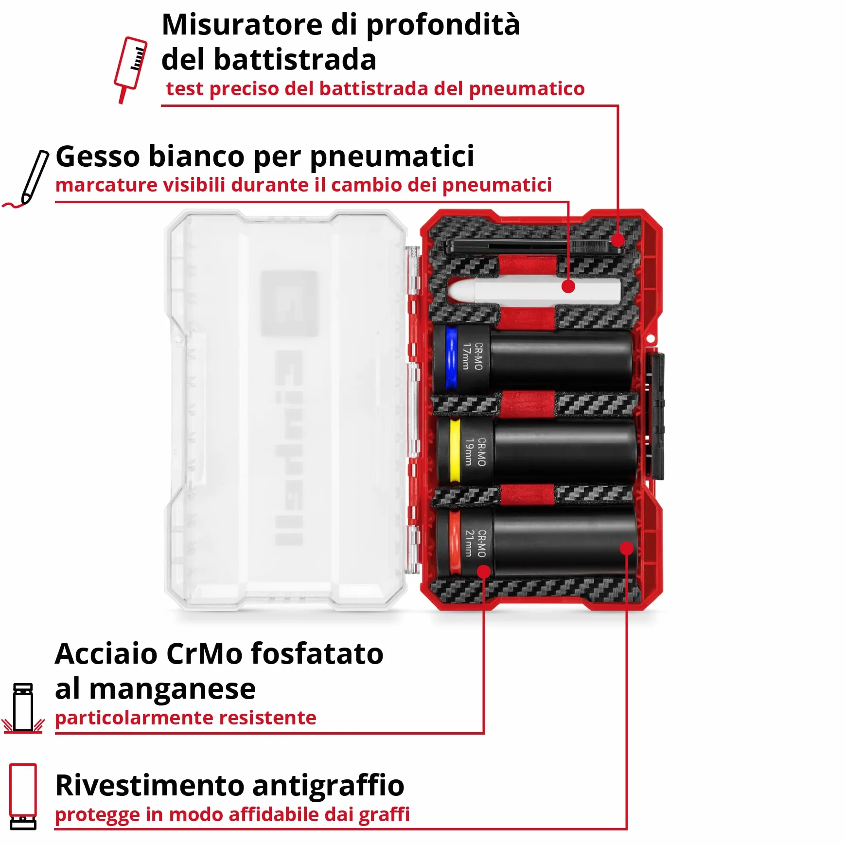 Original Einhell set impact auto 5 pezzi protezione cerchio CrMo 17/19/21 mm 80 mm 1/2"