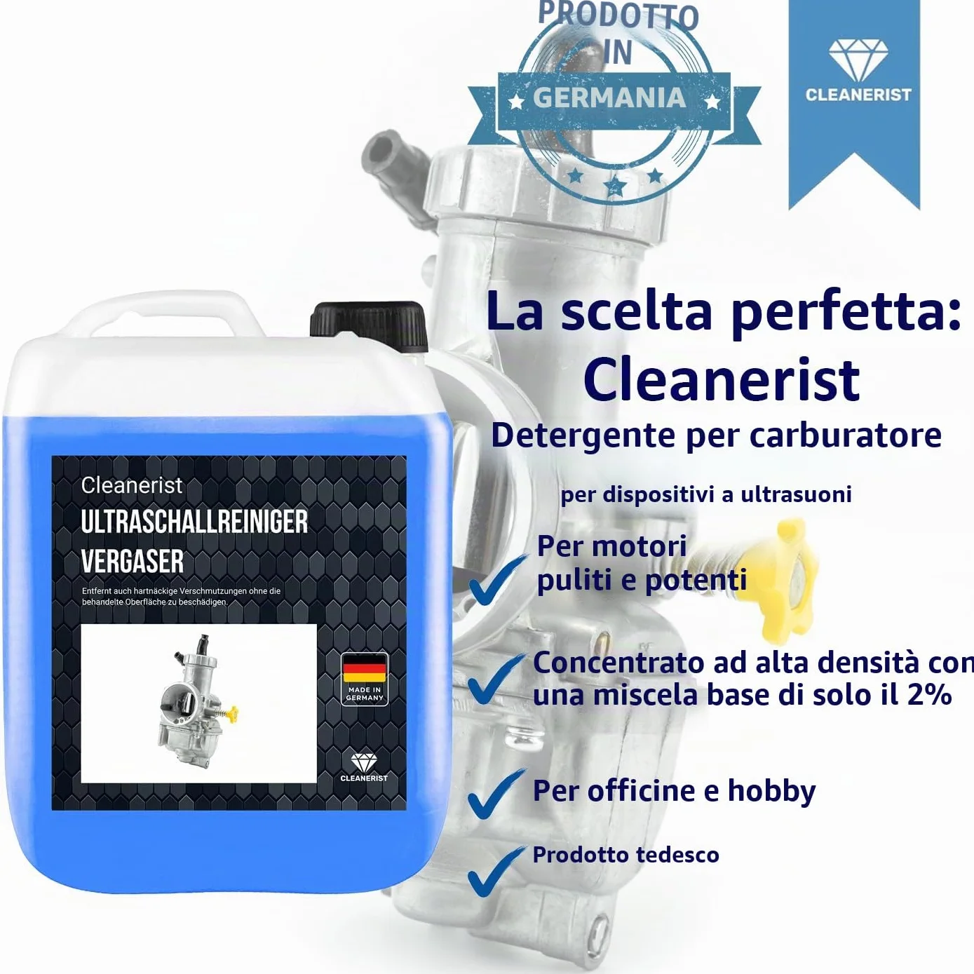Cleanerist | Detergente ultrasuoni 5L – Concentrato per officina, carburatori, motori, freni, alberi, pompe, iniettori – per la pulizia auto contro sporco, olio e grasso