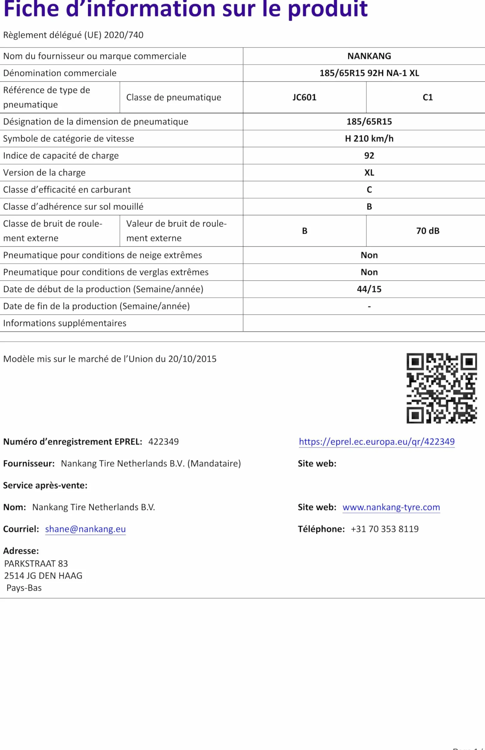Nankang NA-1 XL - 185/65R15 92H - Pneumatico Estivo