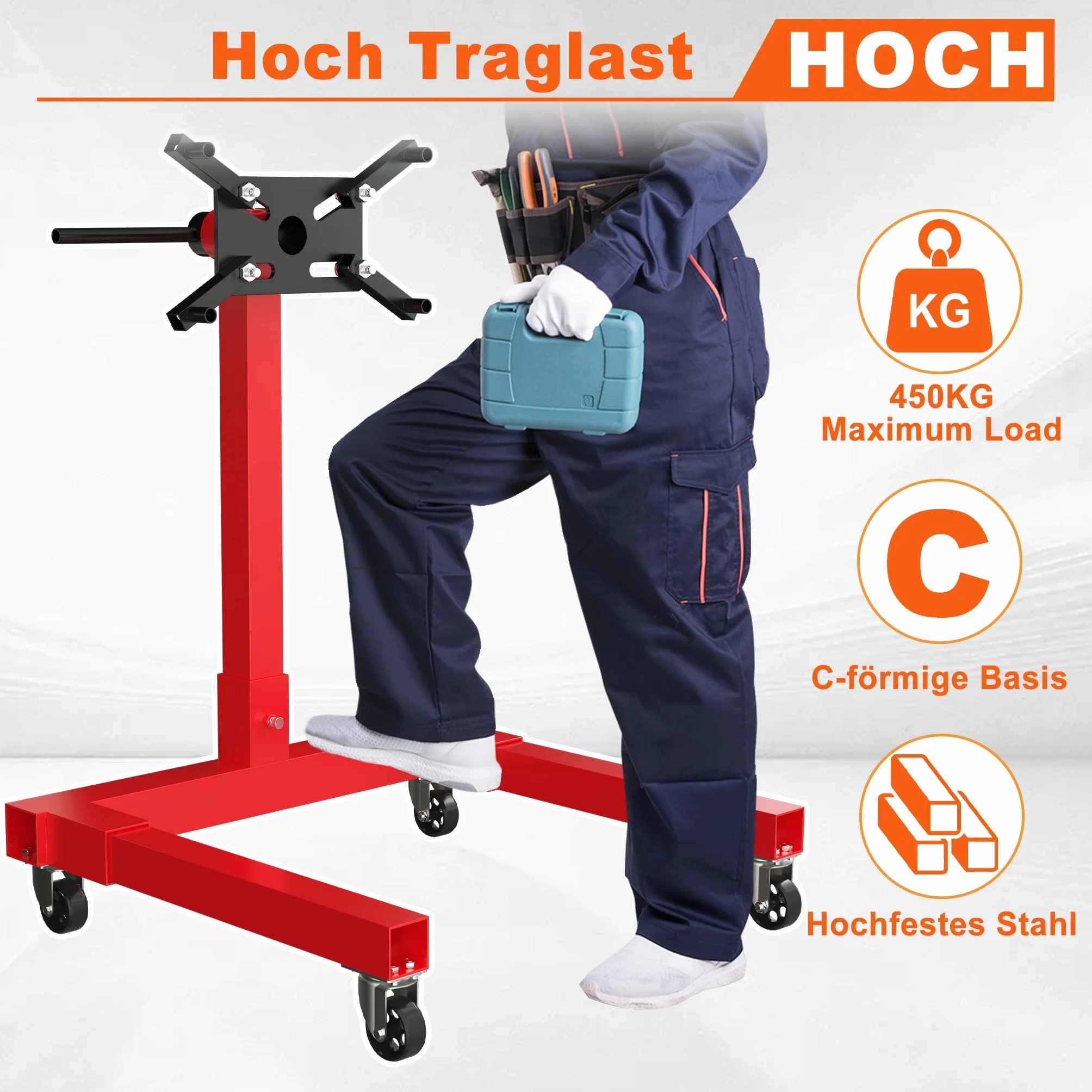 ACXIN Cavalletto motore 570 kg supporto girevole 360° sollevatore bracci regolabili 4 ruote acciaio laccato rosso