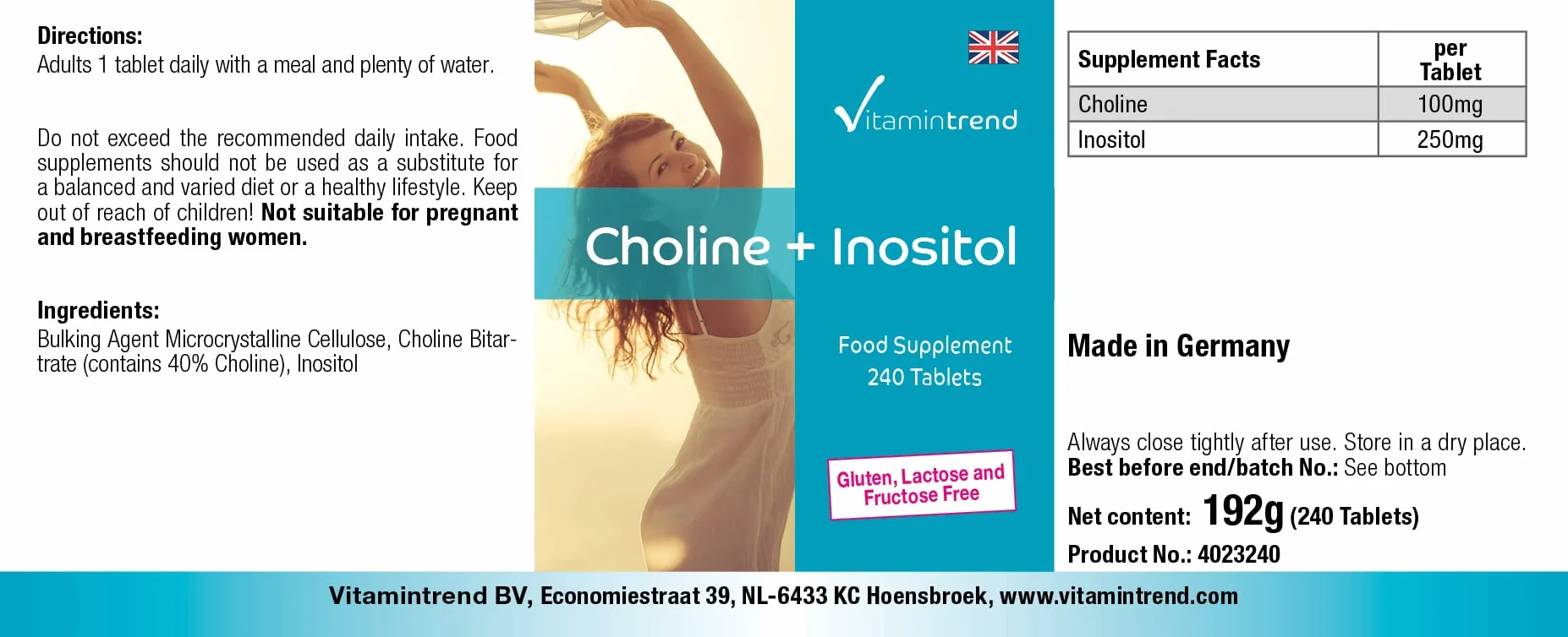 Vitamintrend Colina 100 mg + Inositolo 250 mg, 240 compresse integratore alimentare vegano
