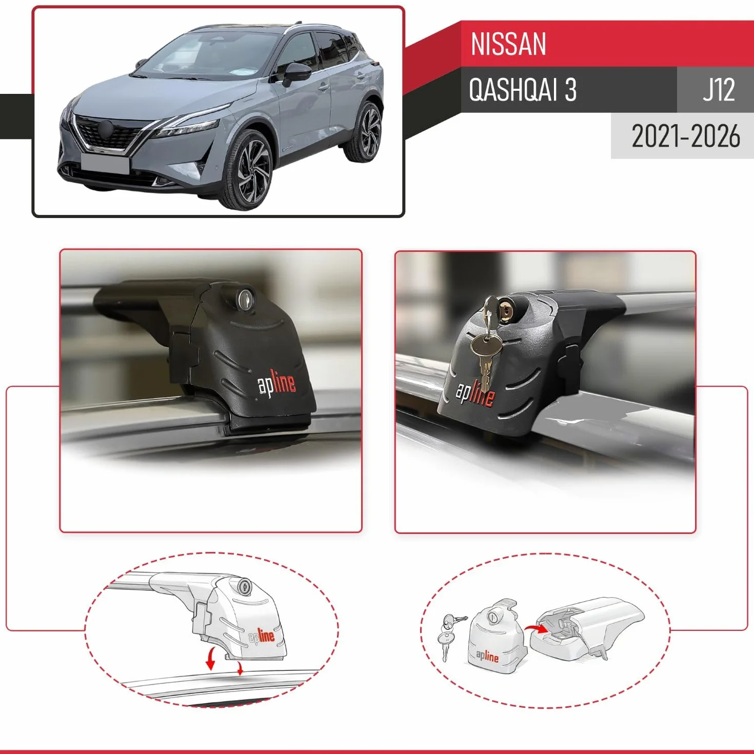 Compatibile con Nissan Qashqai 3 (J12) 2021-2026 Modello ACE-2 Barre Tetto Portapacchi Auto Barre Portatutto Grigio Alluminio 2 Barre