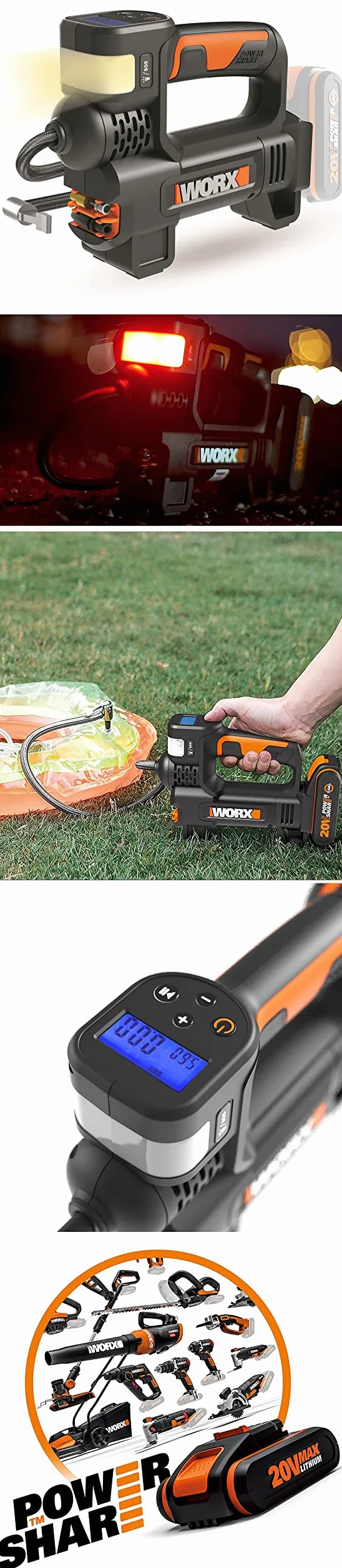 WORX WX092.9 Mini compressore ad alta pressione 20 V 4 in 1 con torcia integrata