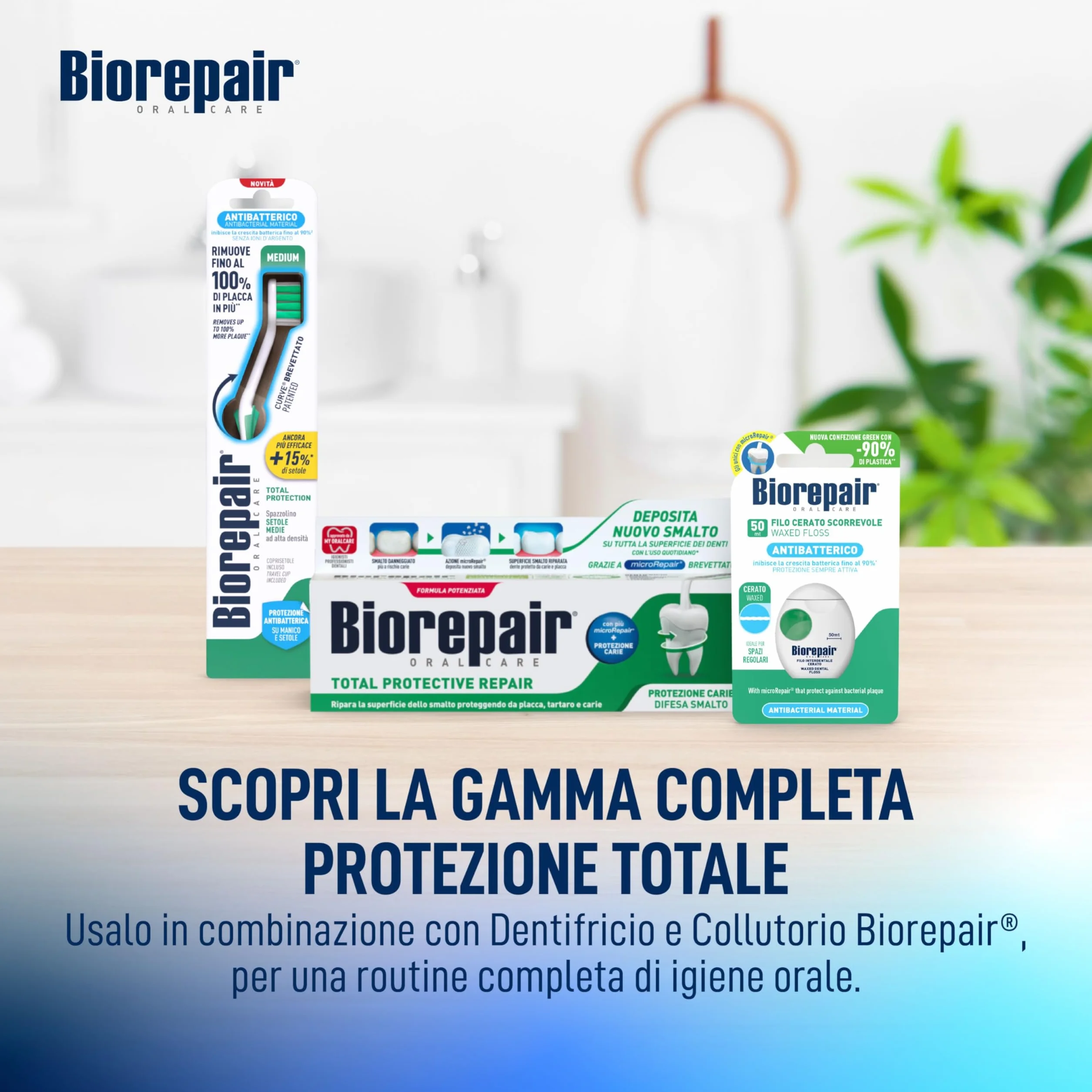 Biorepair Filo Interdentale Antibatterico Cerato Scorrevole Menta Fresca 50 mt