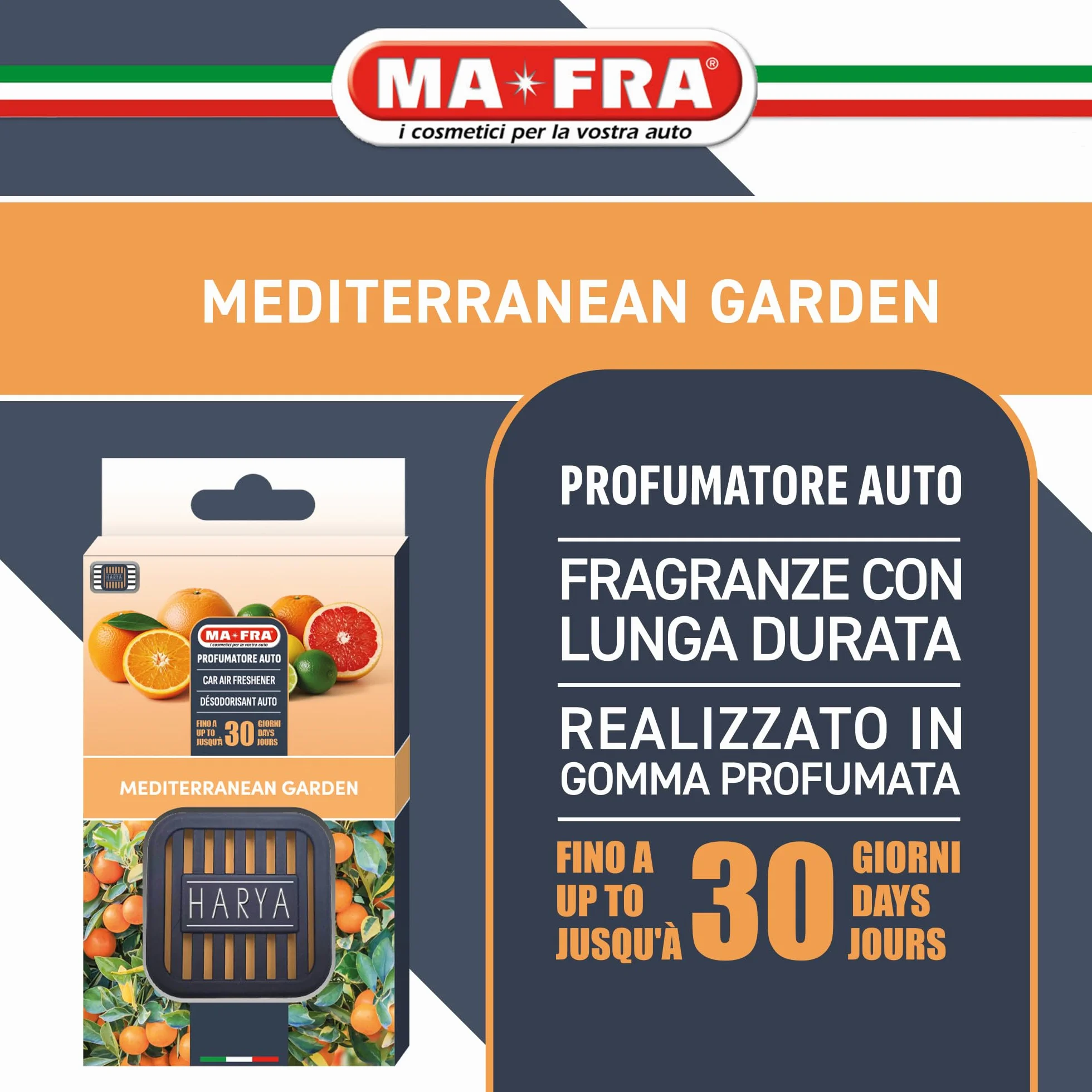 MAFRA HARYA Mediterranean Garden Profumatore Auto Gomma Fragranza Fiorita Verde Fresca Agrumata Design Elegante