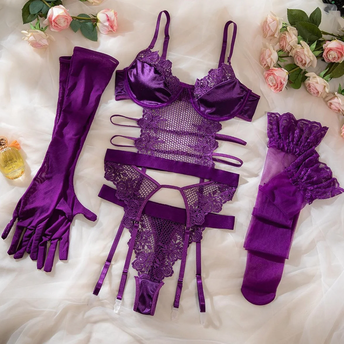 Set Lingerie Donna Body Pizzo Sexy Polsini Cosce Giarrettiera Guanti Lunghi Calze Ricamo Floreale Viola M