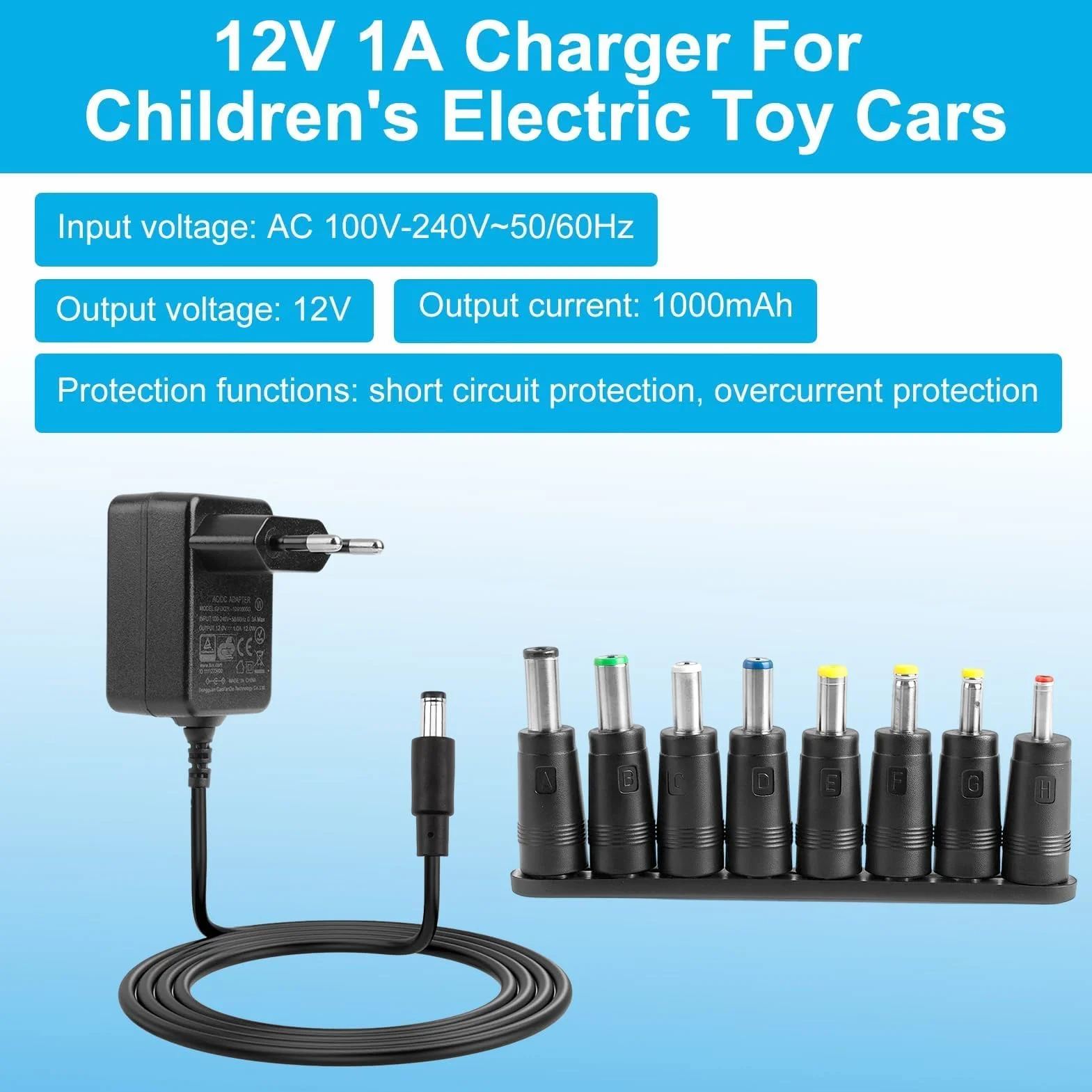 Caricabatteria Universale 12V 1A per Auto Elettrica Bambini 8 Convertitori Protezione Cortocircuito