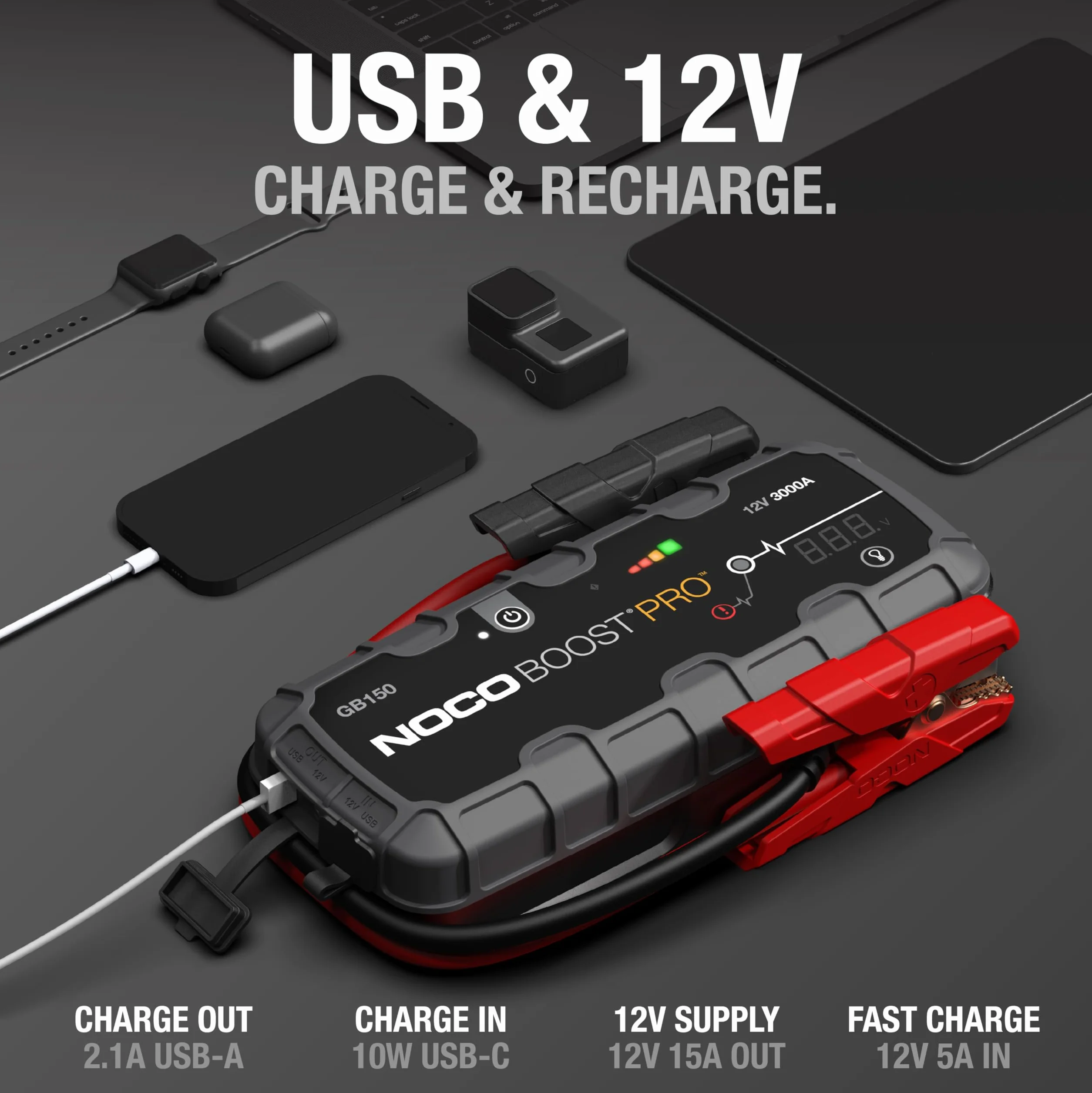 NOCO Boost GB150: Avviatore di Emergenza UltraSafe 3000A – Booster Batteria al Litio 12V, Caricabatteria Portatile Power Bank e Cavi Avviamento – Per Motori Benzina fino a 9.0L e Diesel fino a 7.0L