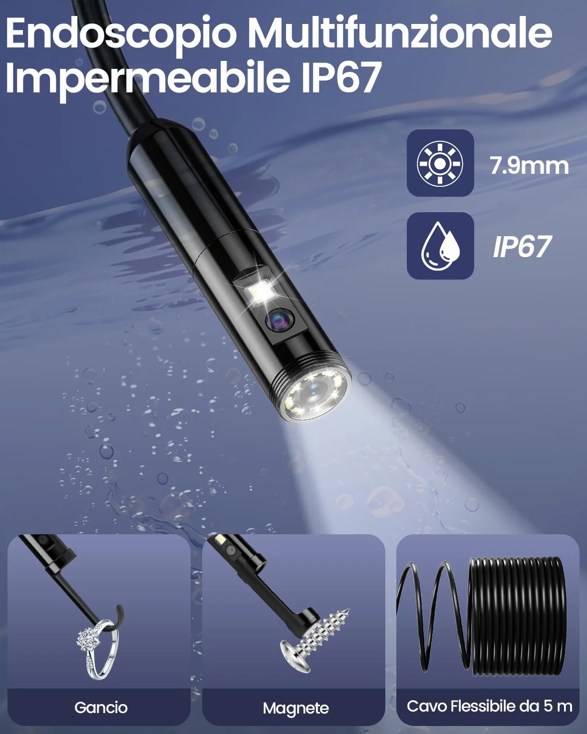 Endoscopio per Smartphone 1920P HD IP67 Sonda Impermeabile 8 LED Cavo Semirigido 5 m Compatibile iOS Android