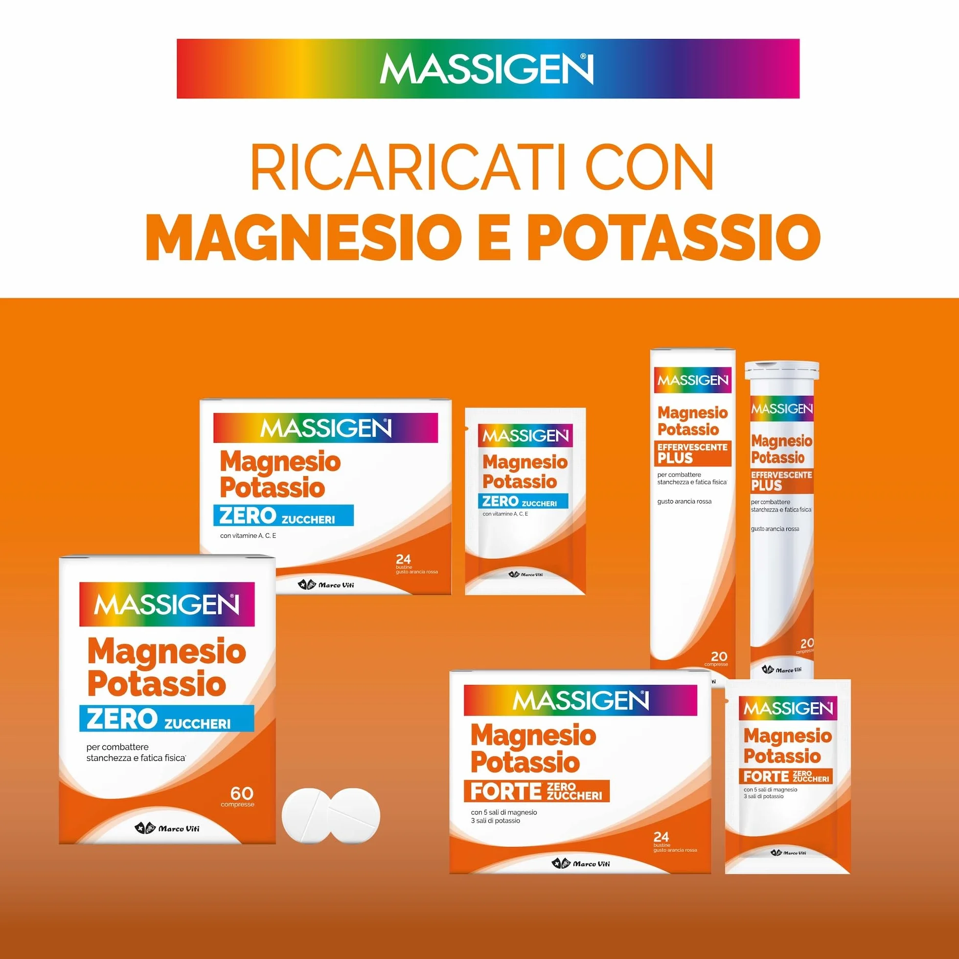 Massigen Magnesio e Potassio Forte Zero Zuccheri Gusto Arancia Rossa Integratore 24 Bustine