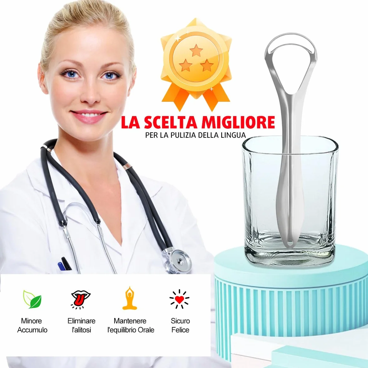 Raschietto Linguale in Acciaio Inossidabile per Igiene Orale - Riduce l'Alitosi