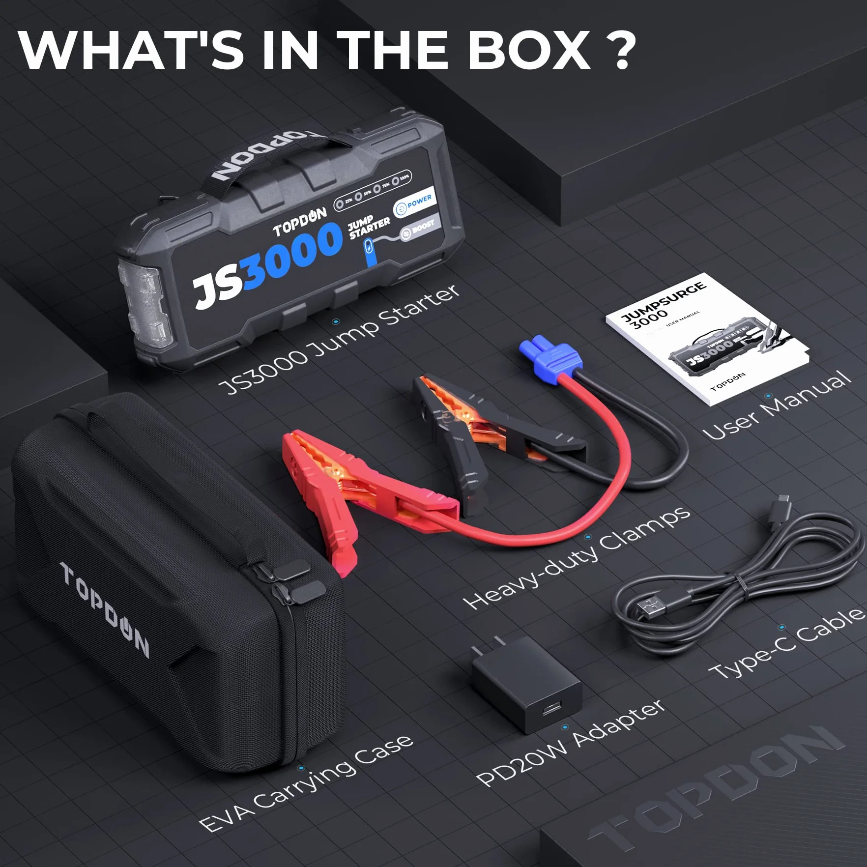 TOPDON Avviatore di emergenza, Avviatore di emergenza per batteria di picco da 3000A per motori diesel fino a 9L/7L, Starter di emergenza per batteria portatile da 12V con cavi jumper