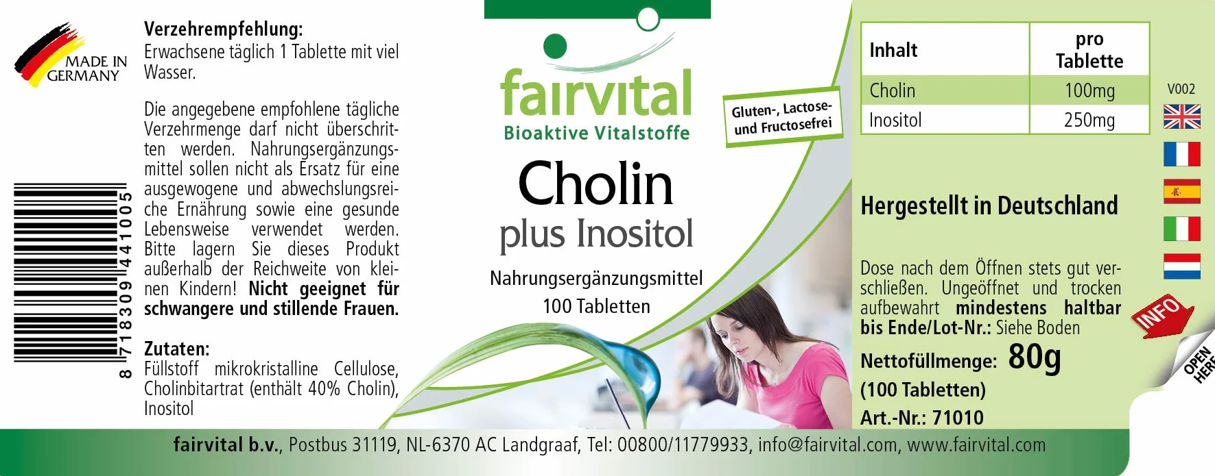 Fairvital Colina bitartrato più inositolo, 100 compresse, alto dosaggio, vegano
