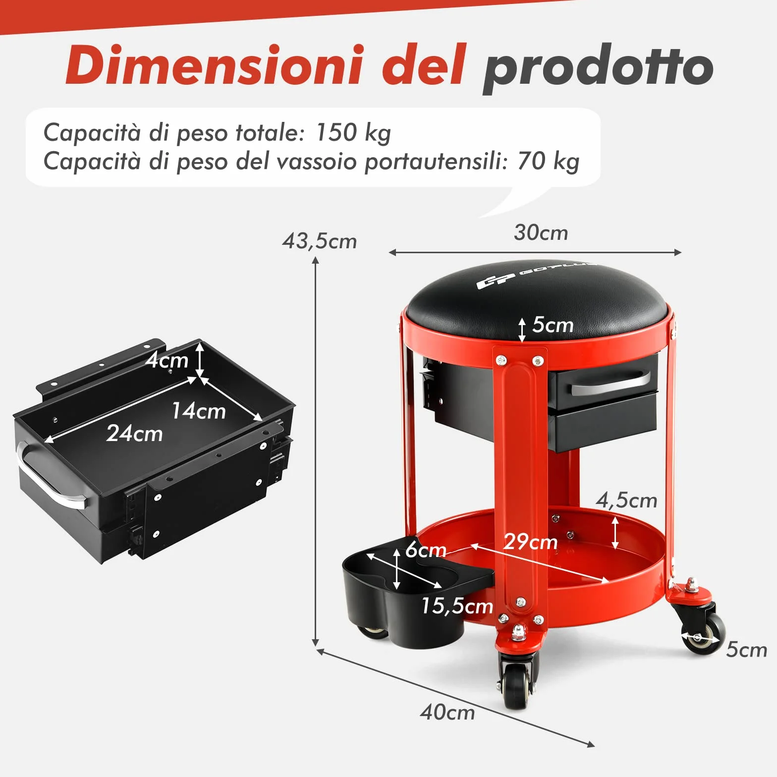 COSTWAY Sgabello da Officina, Sgabello Meccanico Rotante con 2 Cassetti, Ripiano, Vassoio, Ruote, 150 kg di capacità, per Garage, Officina