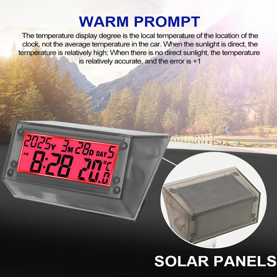 Orologio LCD ad energia solare -Orologio digitale multifunzionale per auto,impermeabile e antiurto,con ora, data, settimana, temperatura, supporto per maniglia per auto,moto,bicicletta,luce rosso