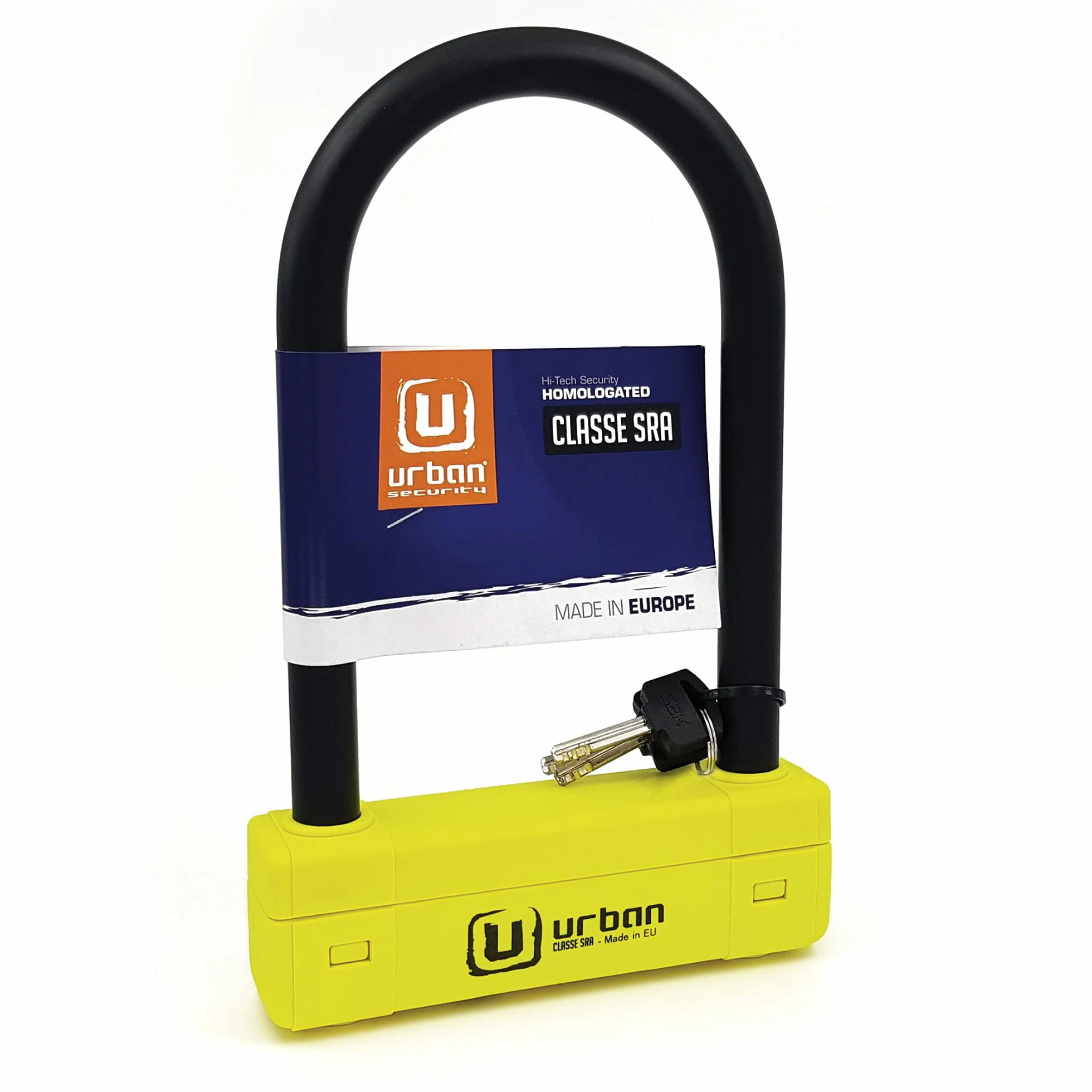 URBAN UR120220 Lucchetto a U per Moto Massima Sicurezza Omologato SRA, Arco ø18 Acciaio Temprato Doppio Blocco, Più Visibile, Antifurto a U lock 120x220mm Più Versatile per Blocco Pneumatico Moto
