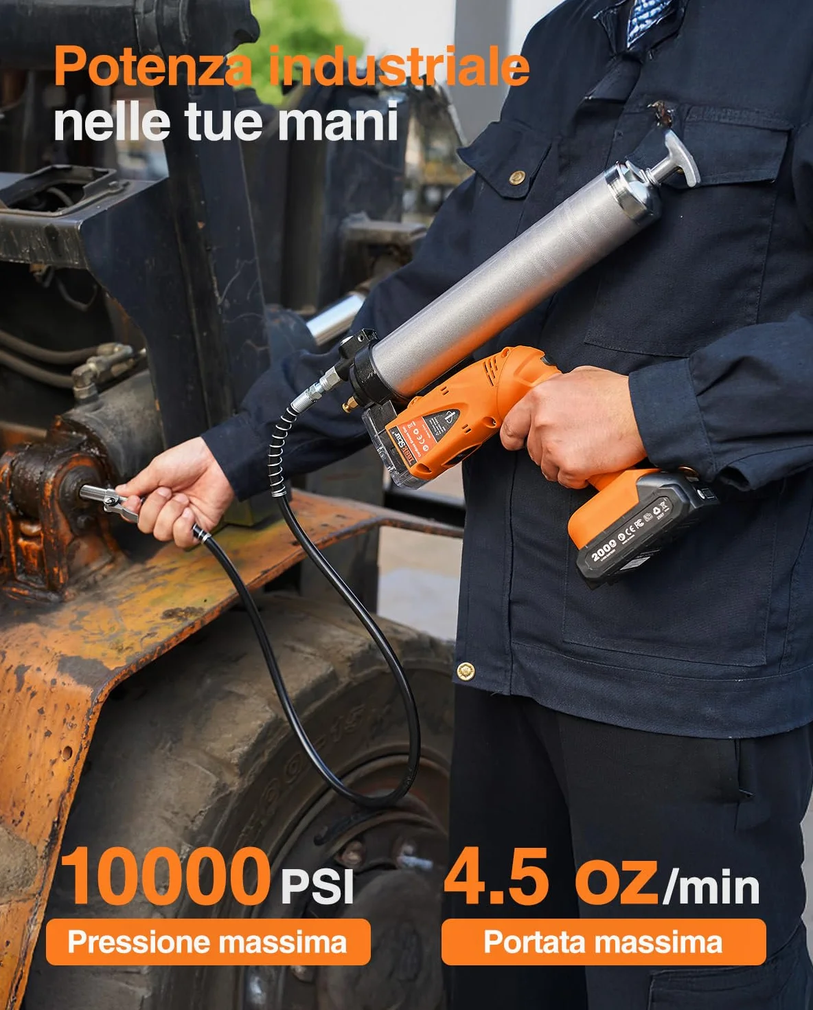 TaskStar 2-in-1 Ingrassatore a Batteria: 10000 PSI Pistola Grasso elettricoa con 2 Batterie, Tubo Lungo 39,4", 3 Testina Ingrassatore Professionale, Ideale per Macchinari Pesanti Come i Trattori