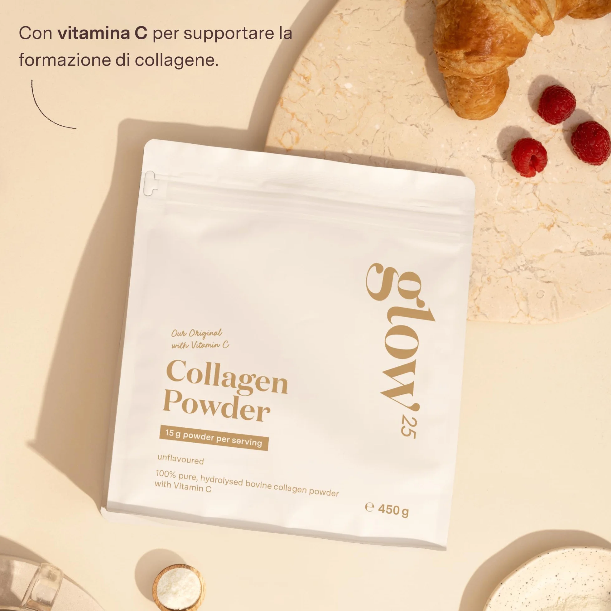 Collagene in polvere 450g con vitamina C – Peptidi di tipo I e III – Glow25®