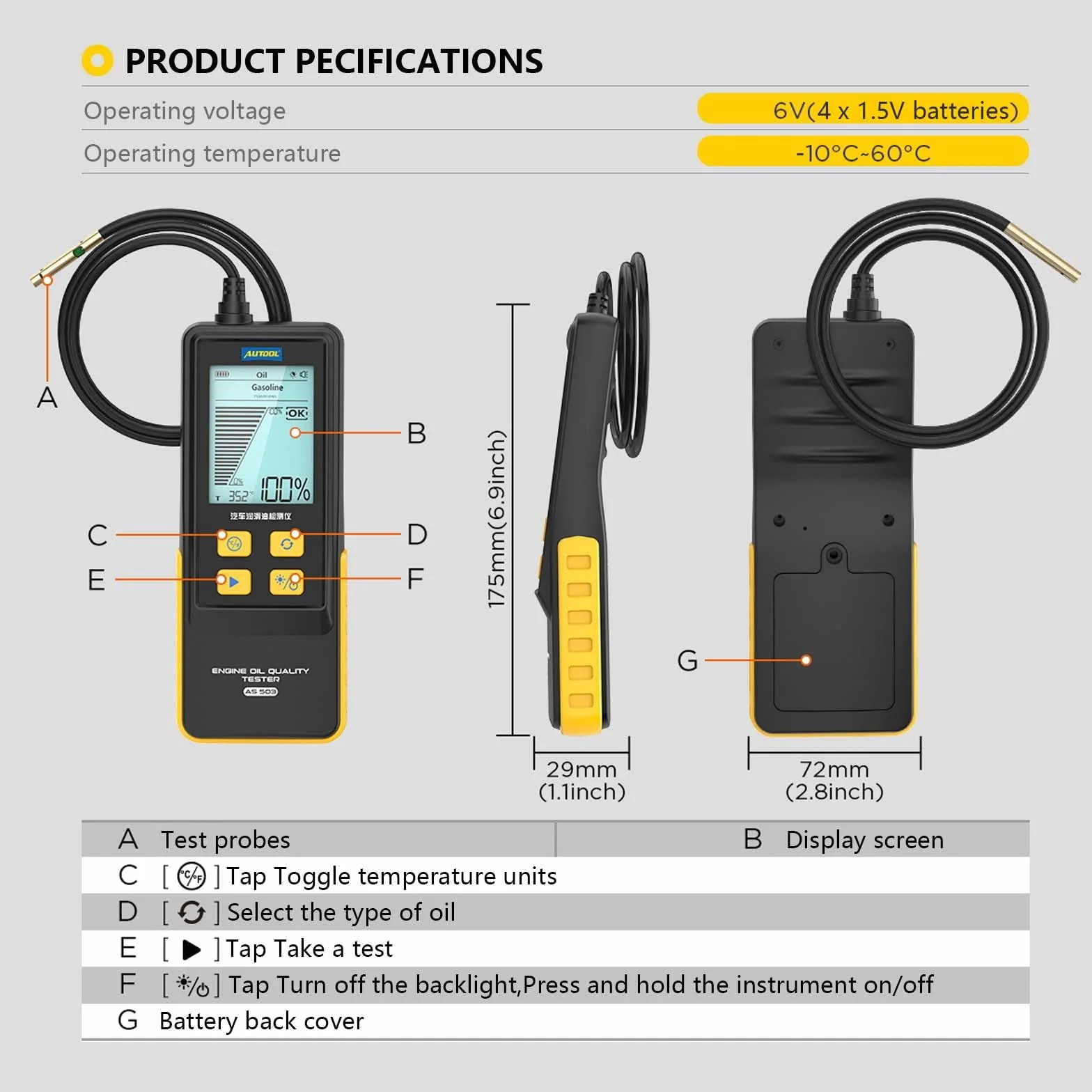 Tester Liquido Freni Digitale AS503 con Schermo LCD 2,8" e Sonda ad Alta Precisione