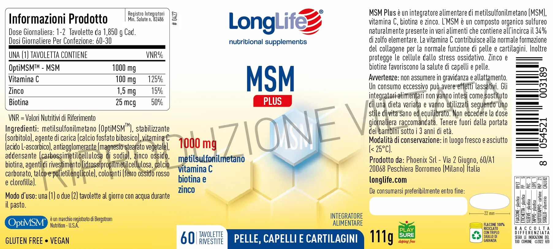 LongLife® MSM Plus Integratore Capelli Unghie Pelle 1000mg OptiMSM® Alto Dosaggio Vegano Senza Glutine