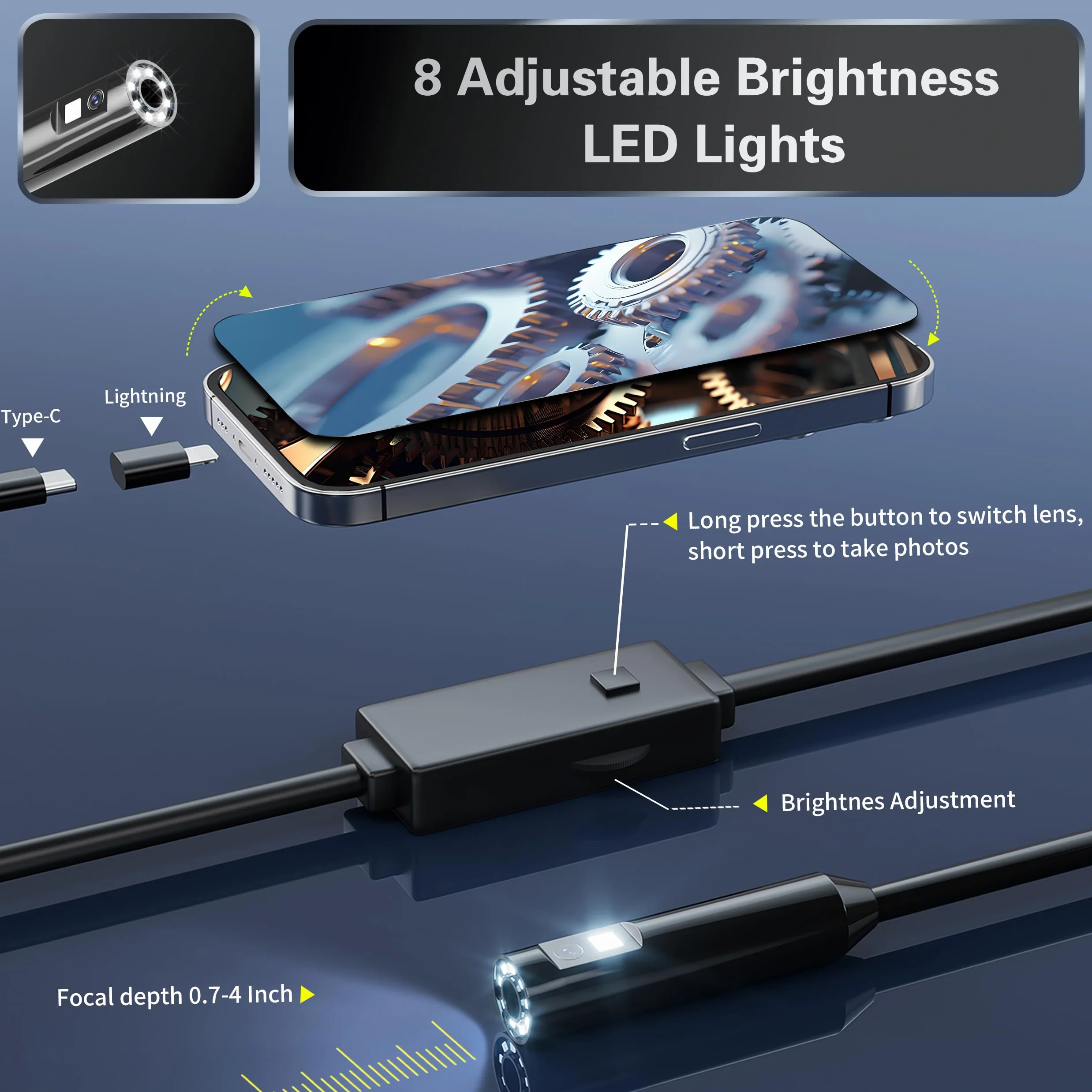 Telecamera Endoscopica Doppia Lente 1920P HD IP67 Sonda Impermeabile 5M Compatibile iOS Android