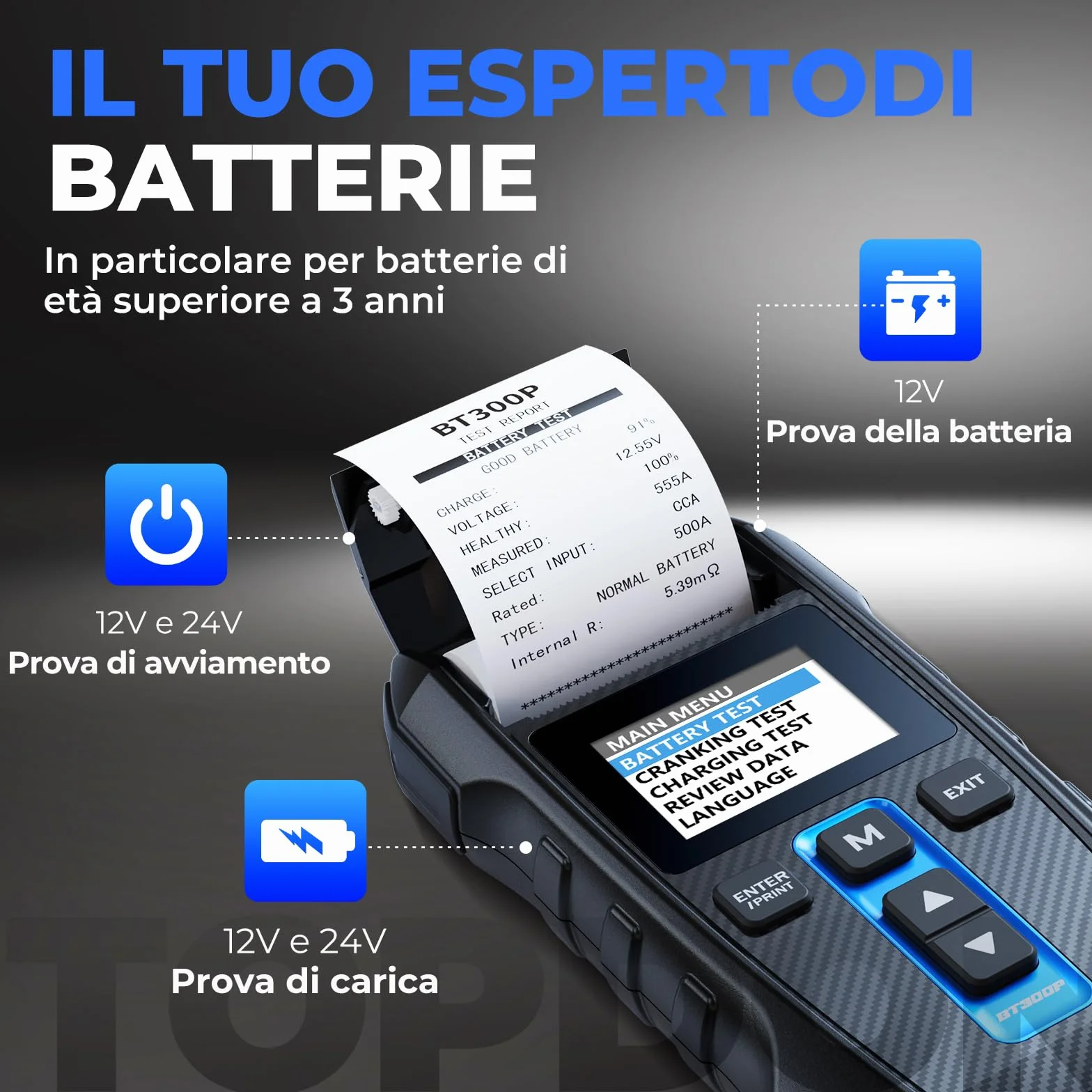 TOPDON Tester Batteria Auto BT300P, 12V 24V 100-2000 CCA Tester per Batterie con Stampante Incorporata, per Test Batterie/Caricabatterie/Sistemi di Ricarica, Adatto per Auto/Solidi/Autocarri Leggeri