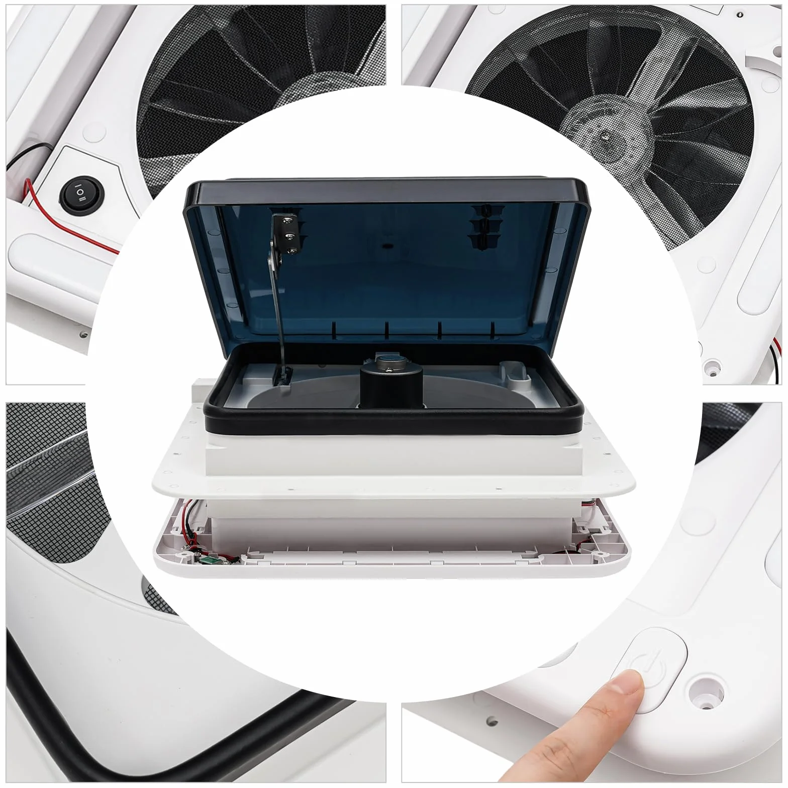 Oblò Camper 36x36 Lucernario per Tetto Ventilatore 12V LED 6 Velocità Motore 5W 20-65dB Kit Camperizzazione Bianco/Nero