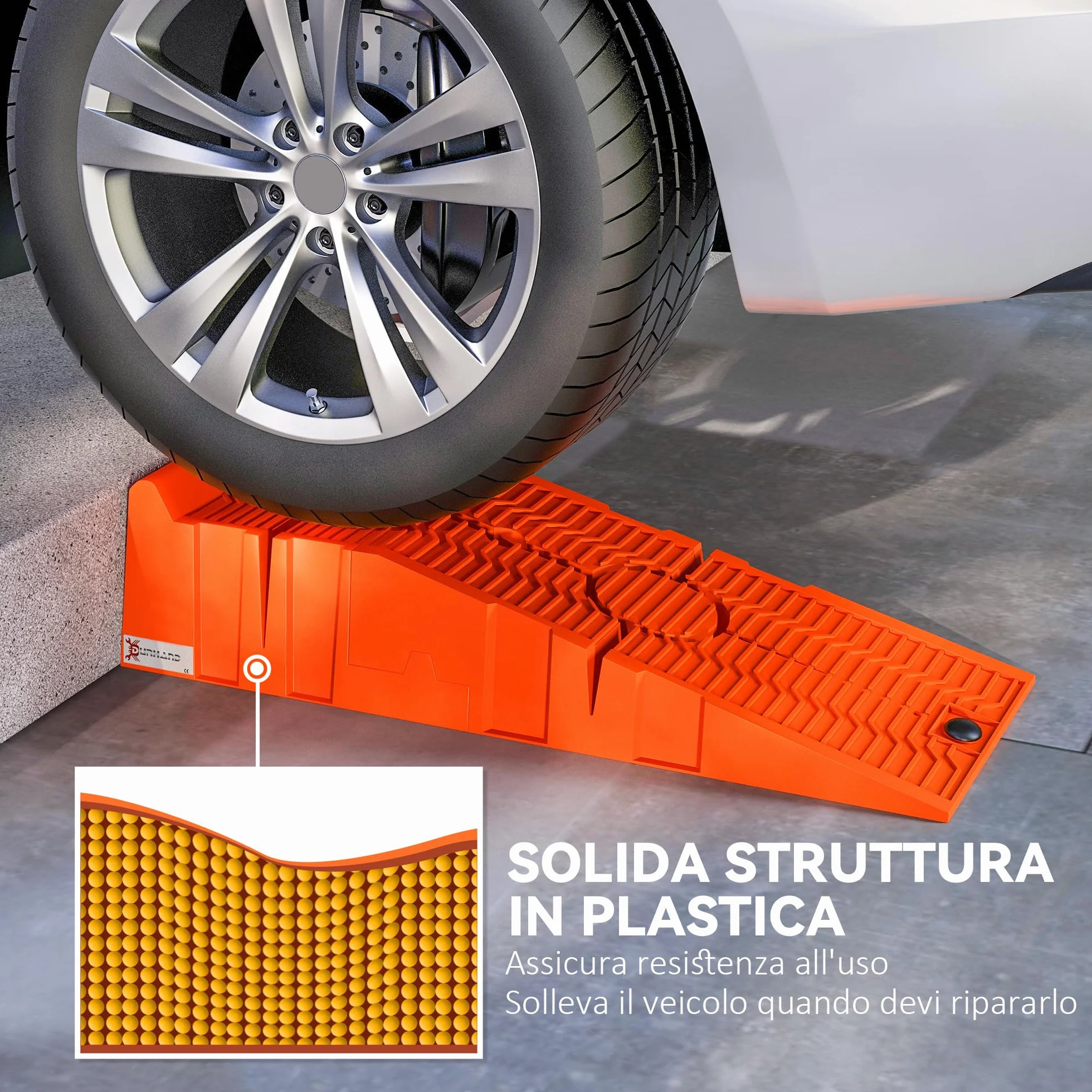 DURHAND Set 2 Rampe di Carico per Auto in Plastica con Carico Massimo 5 Tonnellate, Pedane per Auto Salvaspazio per Manutenzione, 91x30x21 cm, Arancione