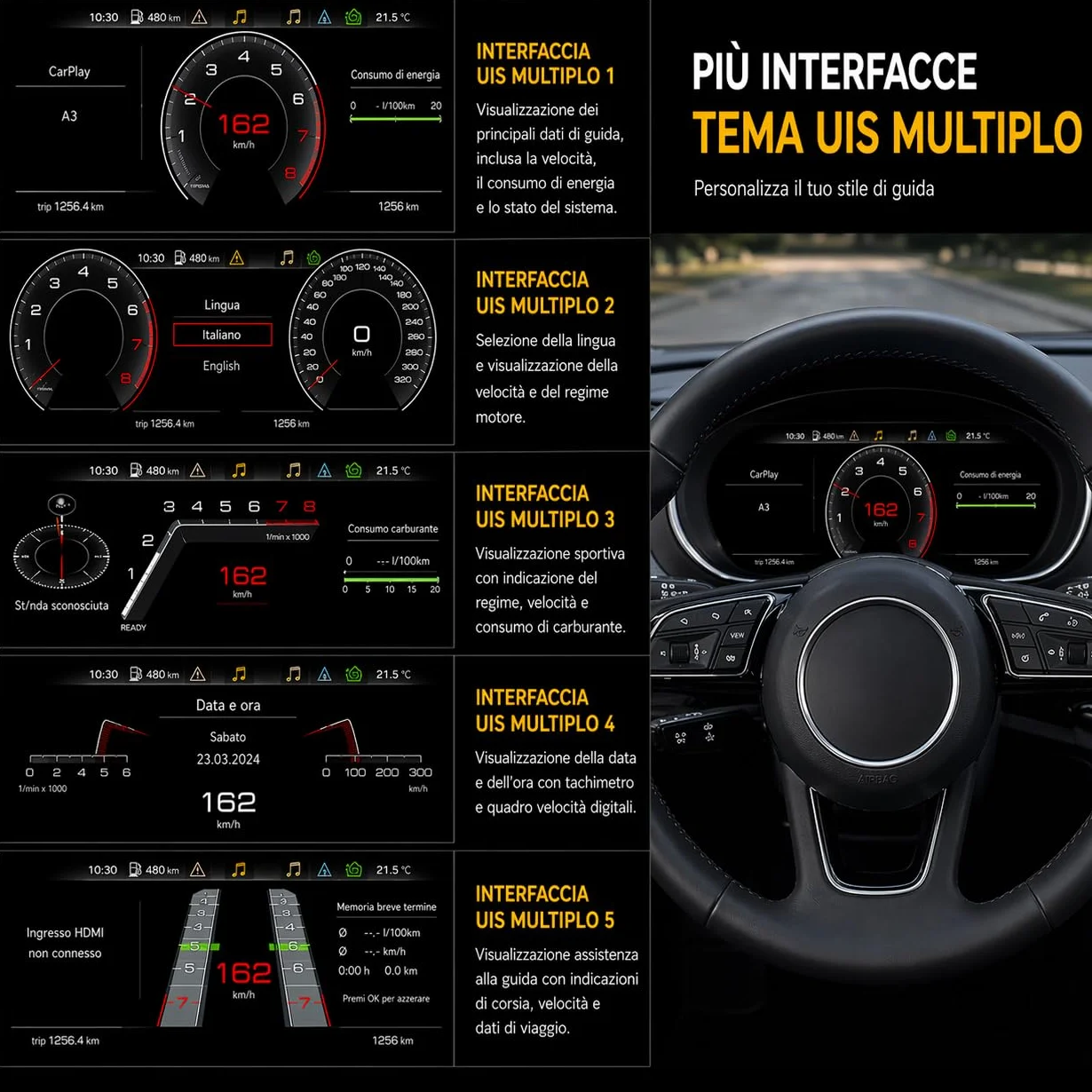 VIBEX Tachimetro Digitale 10,25 per Audi A3, S3, RS3 8V 2013-2019 |Virtual Cockpit LCD Full HD | Apple CarPlay Android Auto Wireless | Navigazione GPS | Plug & Play | Comandi al Volante |