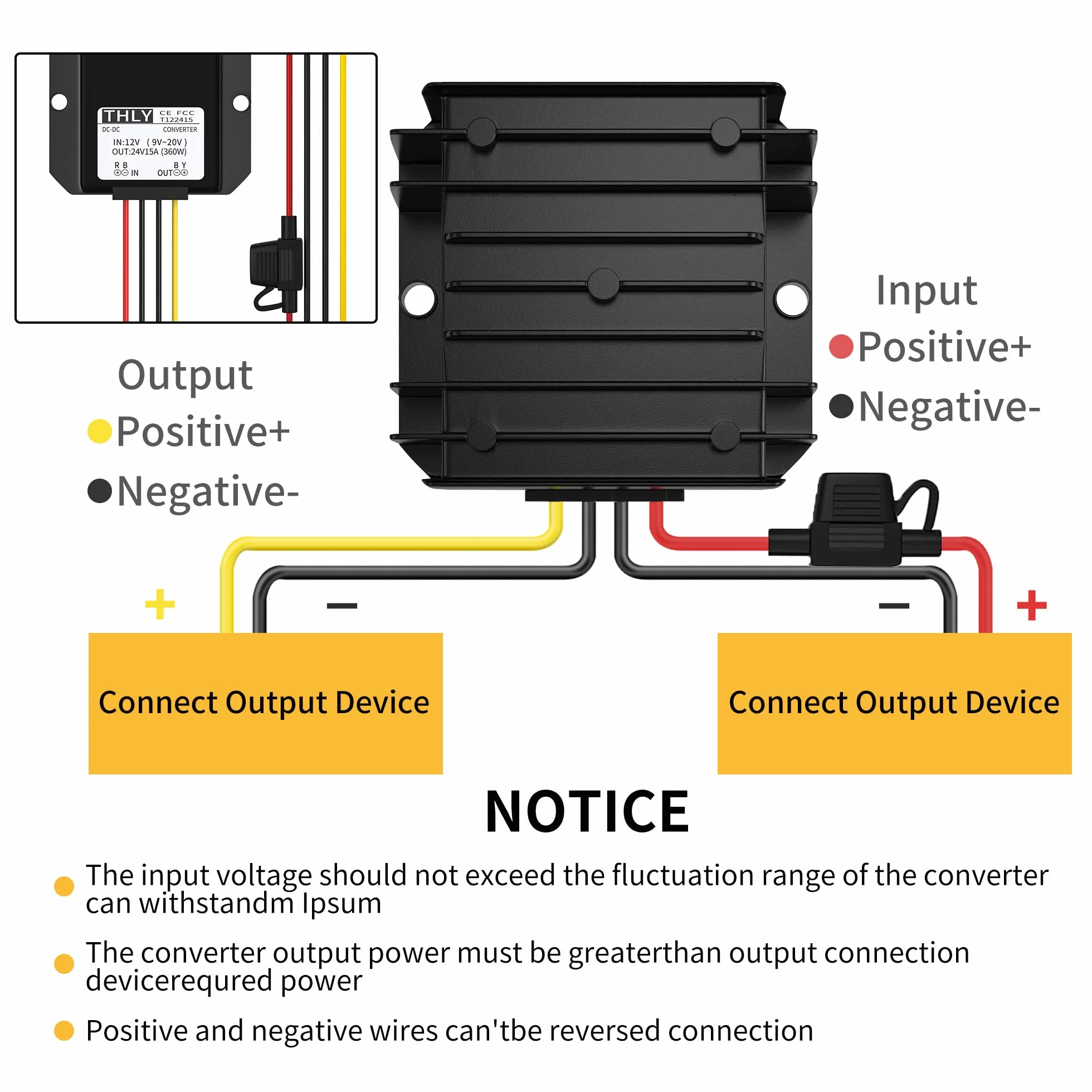 Trasformatore DC DC 12V a 24V 15A 360W Convertitore Step Up Impermeabile con Fusibile per Carrello a Motore