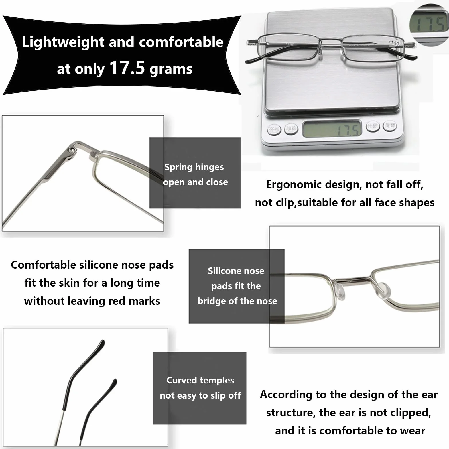 Hubeye Occhiale da lettura metallo Ultrasottile con Cerniera a molla Anti luce blu 2.00 con Custodia Clip Portatile