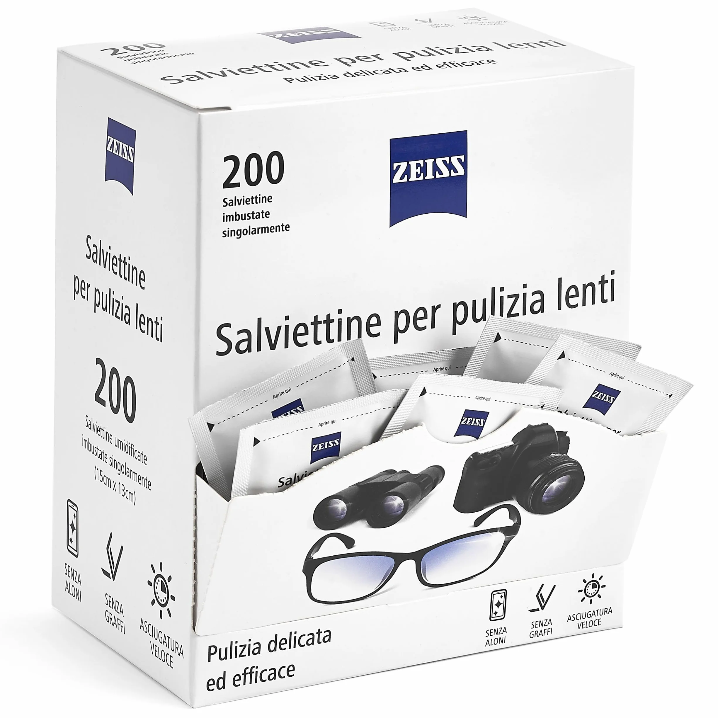 ZEISS Salviette Pulisci Occhiali 200 pezzi Monouso Pulizia Lenti