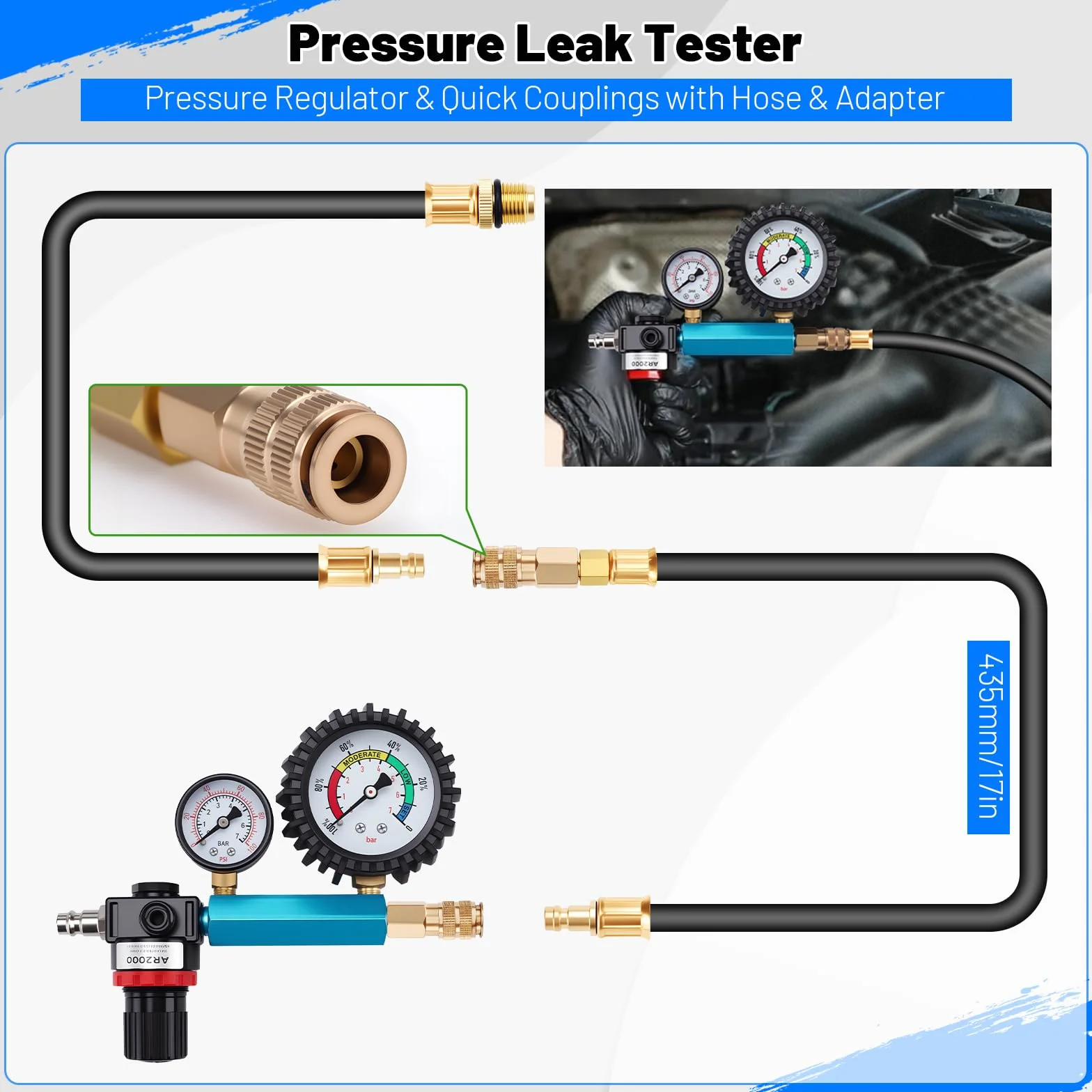 KAOLALI 46 Pezzi Tester di Compressione per Motori a Benzina e Diesel, Tester di Perdita di Pressione 0-725 psi, Testers Motore per Motori Diesel e Benzina HDi, TDCi, M24, M22, M20, M14, M12, M10, M8