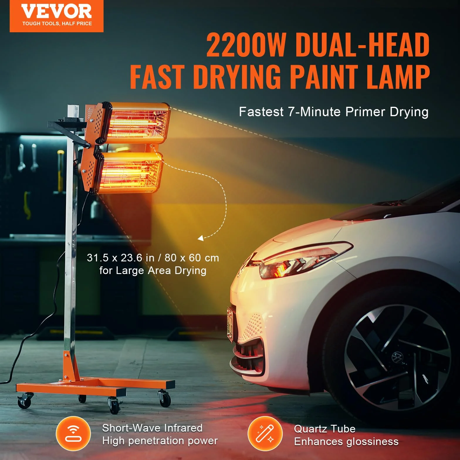 VEVOR Lampada Polimerizzante a Infrarossi 2200 W Temporizzazione 1-60 Minuti Lampada Polimerizzante per Auto con Riscaldamento Automatico con Staffa, per Area di Cottura 0,48 ㎡ per Riparazione in Loco