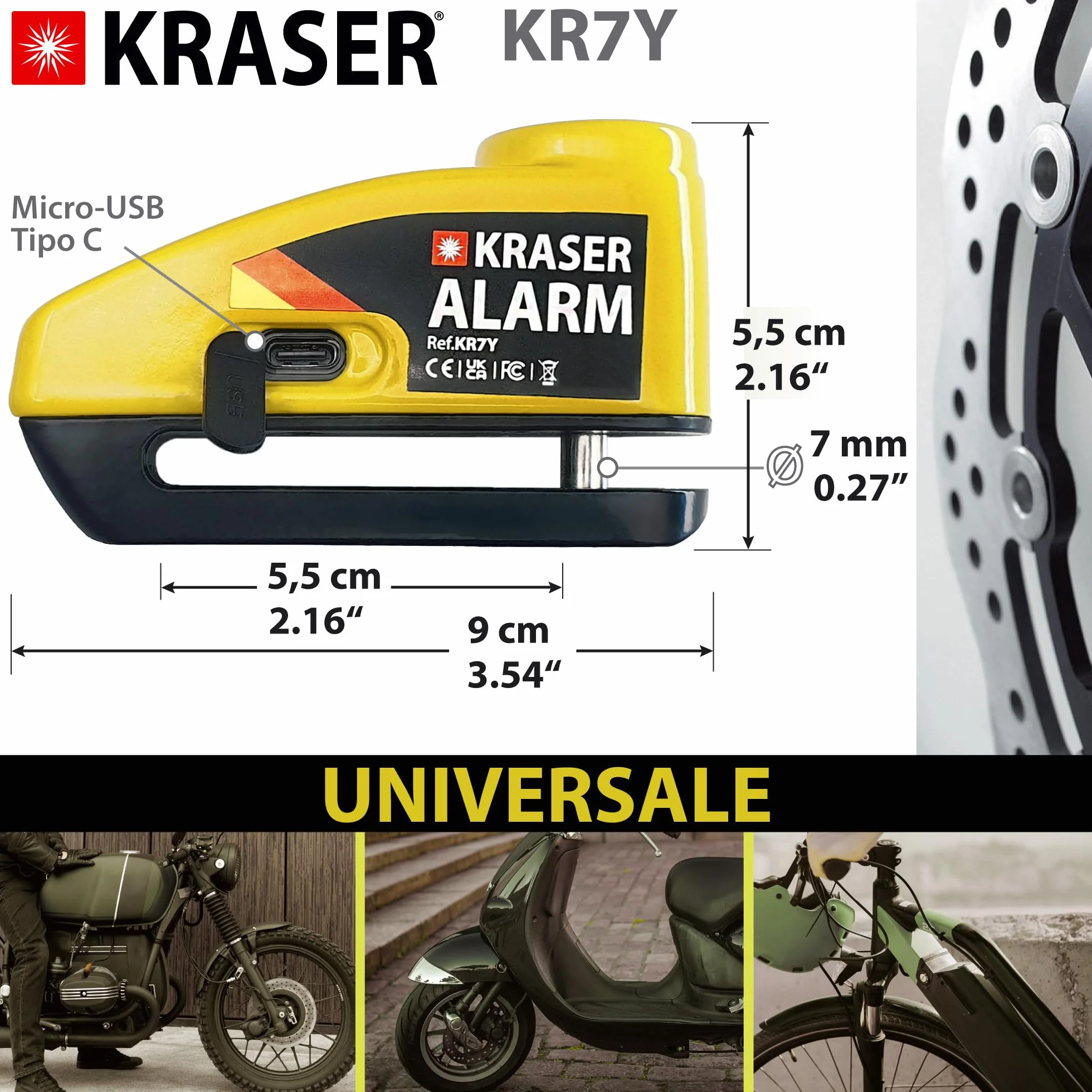 KRASER KR7Y Antifurto Moto Blocca Disco con Allarme 110dB, USB Batteria Ricaricabile, Sensori Movimento, Impermeabile Resistente Visibile, Blocco Veloce, Lucchetto Bloccadisco Sonoro 7mm Universale