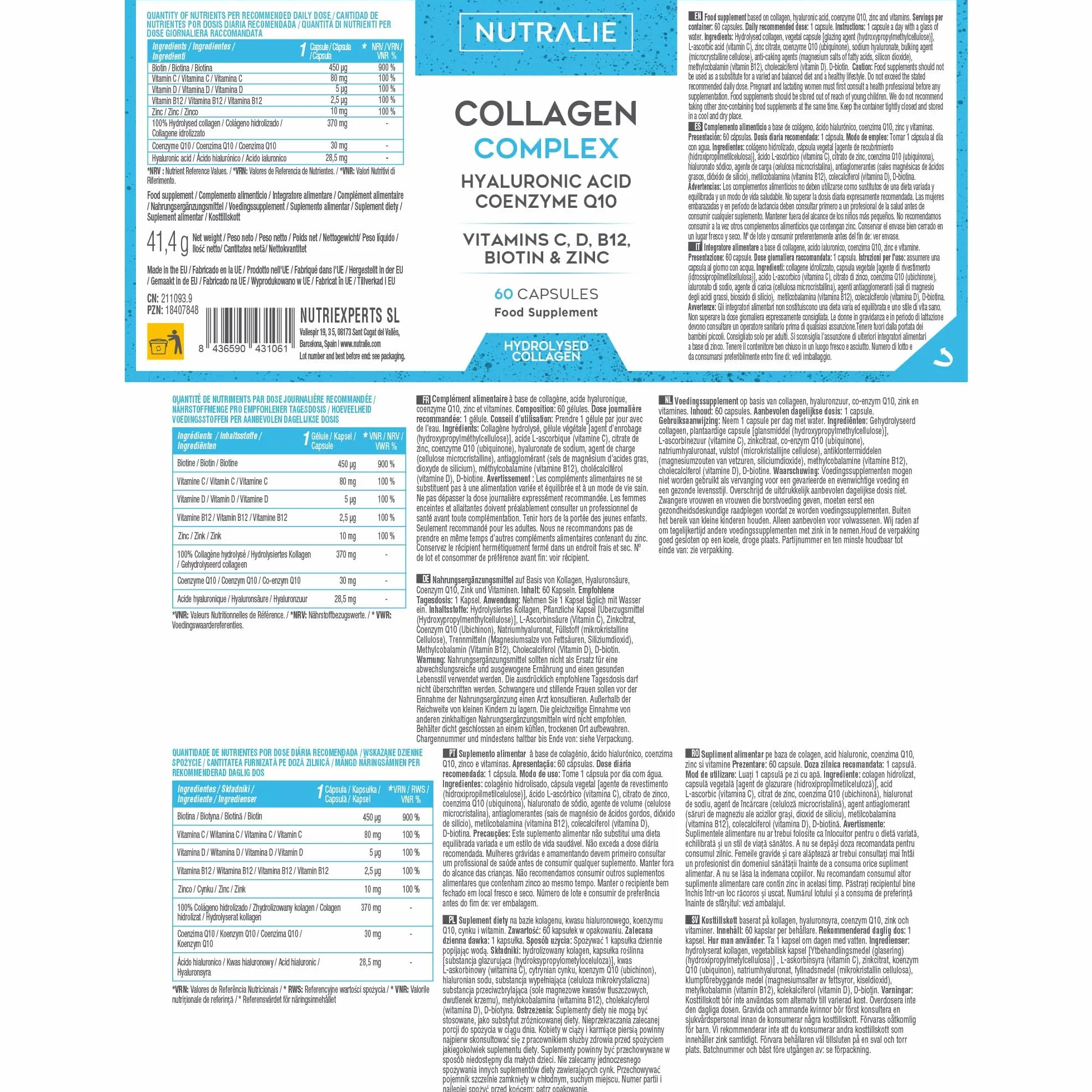 Collagene Acido Ialuronico Idrolizzato Biotina Q10 Pelle Cartilagine Vitamina C D B12 Zinco Collagen Complex 60 capsule Nutralie