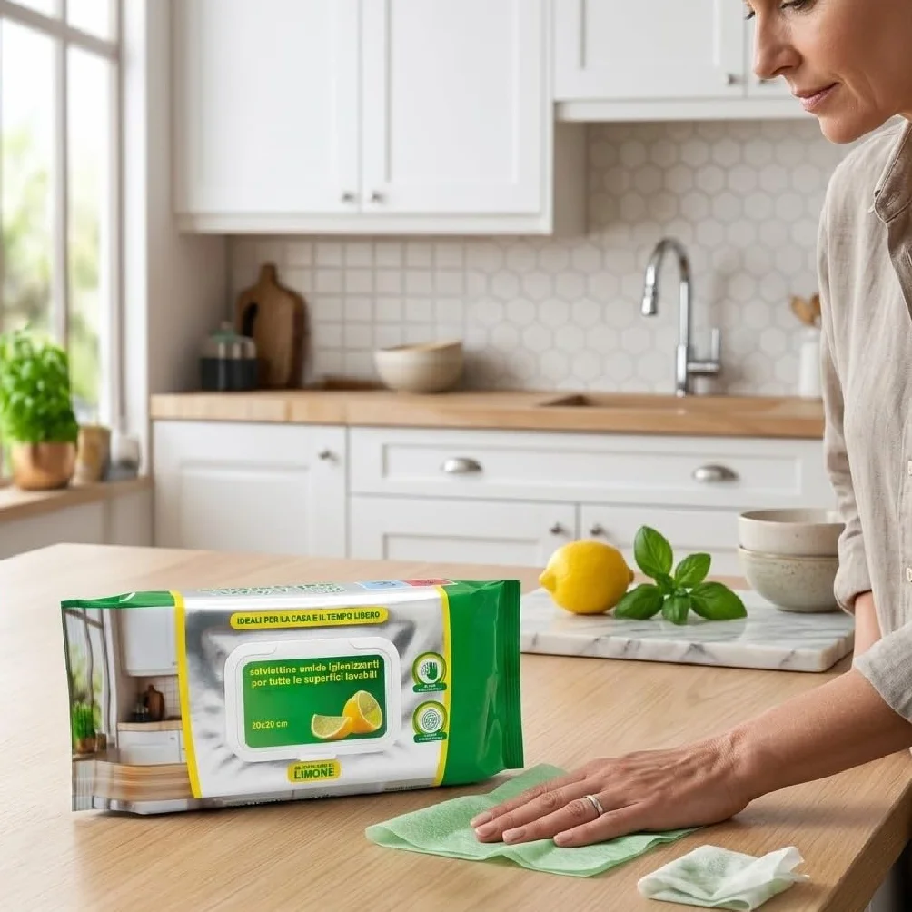 Salviette Umide Igienizzanti al Profumo di Limone 20x20 cm Antibatteriche per Superfici Lavabili